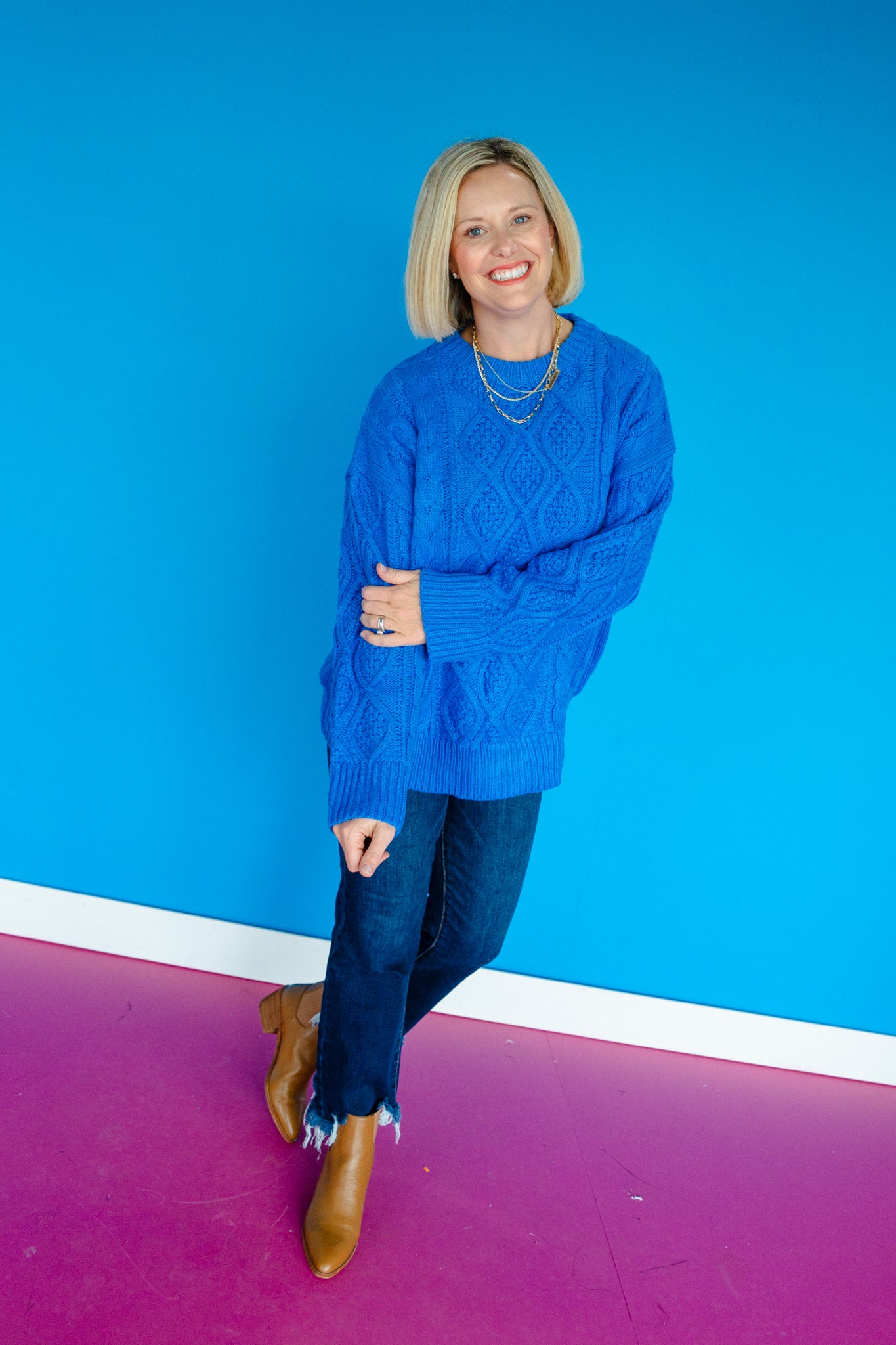 Belinda Oversized Cableknit Sweater - Cornflower/Bright Blue