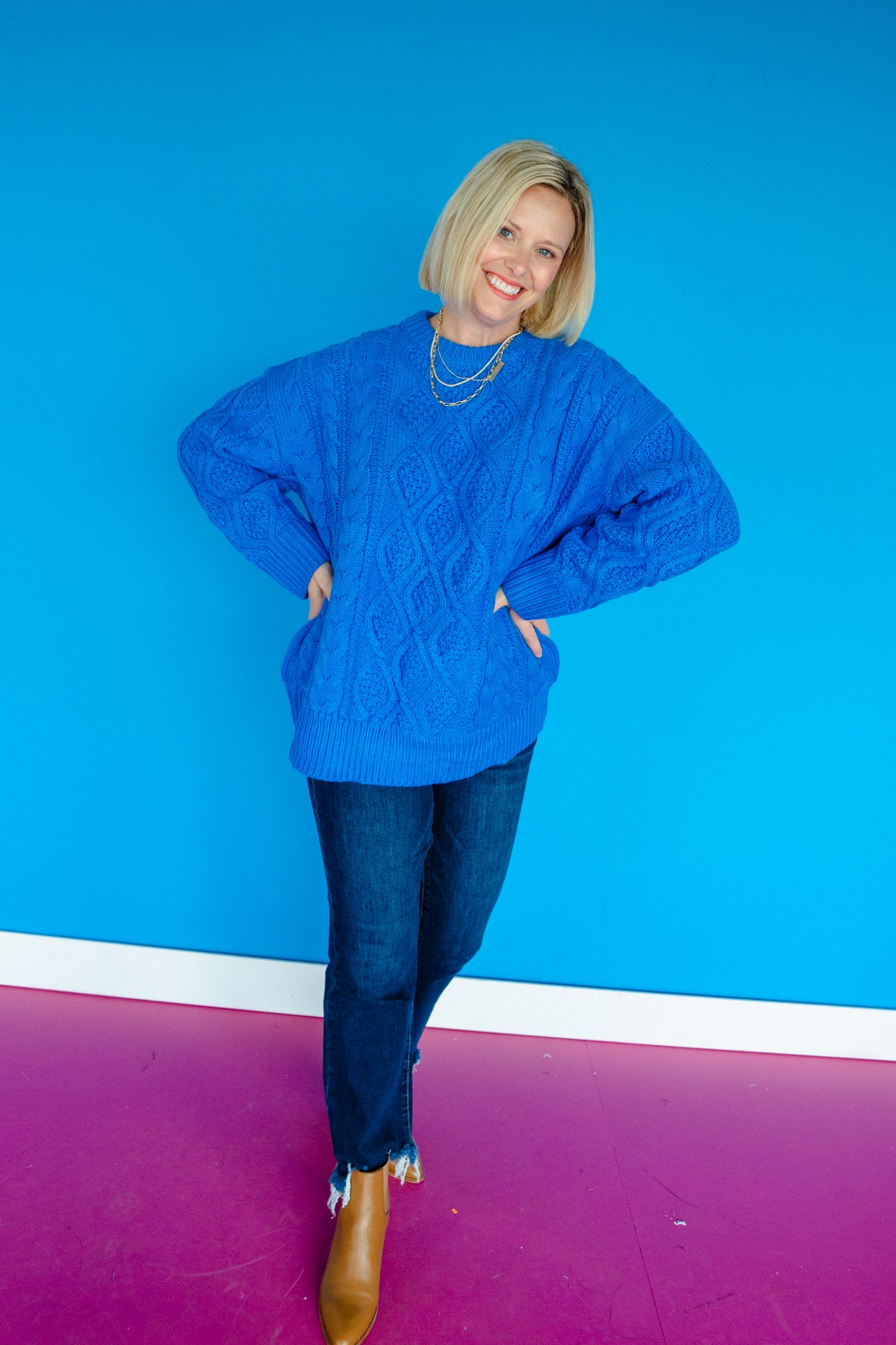 Belinda Oversized Cableknit Sweater - Cornflower/Bright Blue