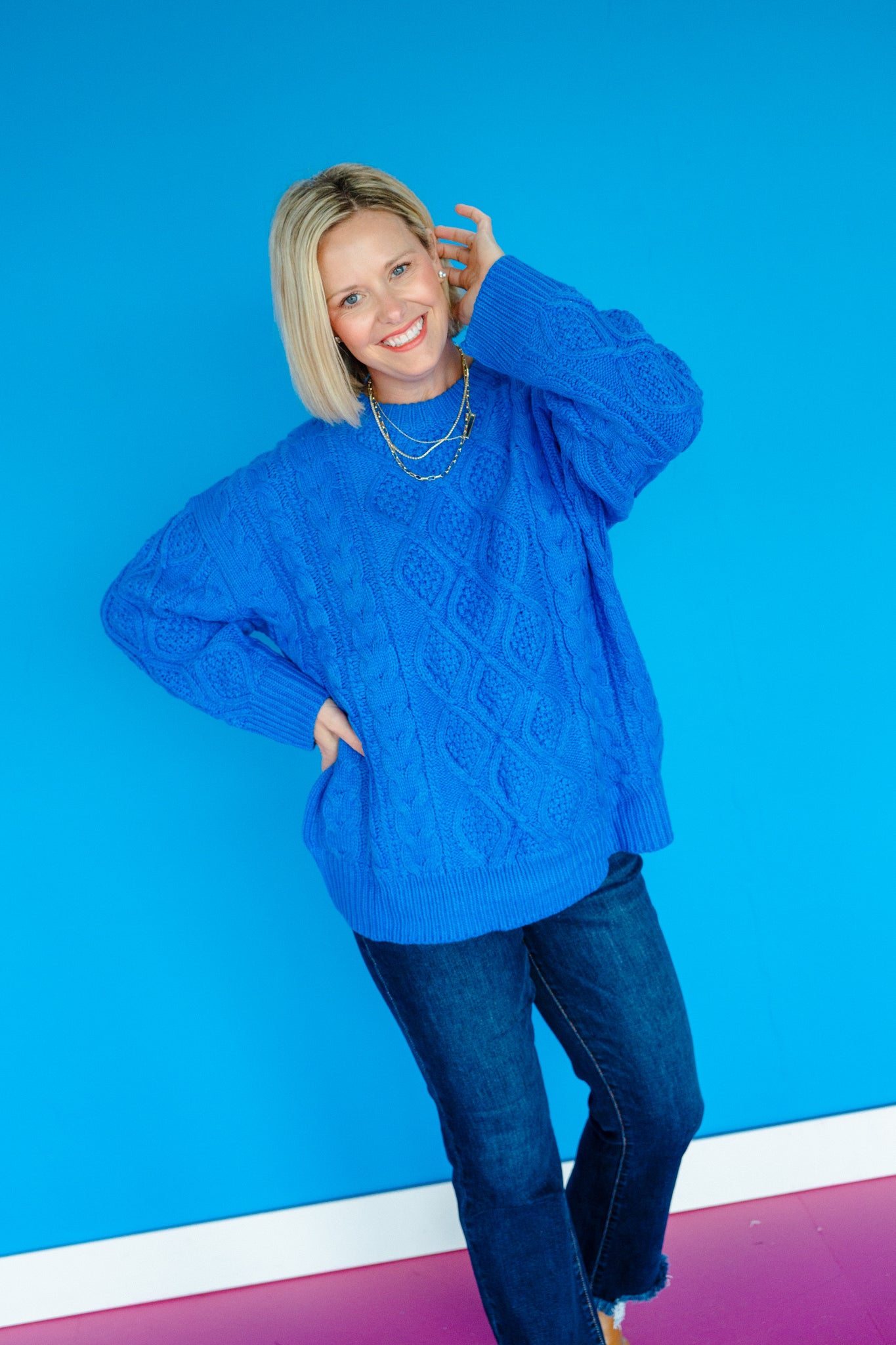 Belinda Oversized Cableknit Sweater - Cornflower/Bright Blue