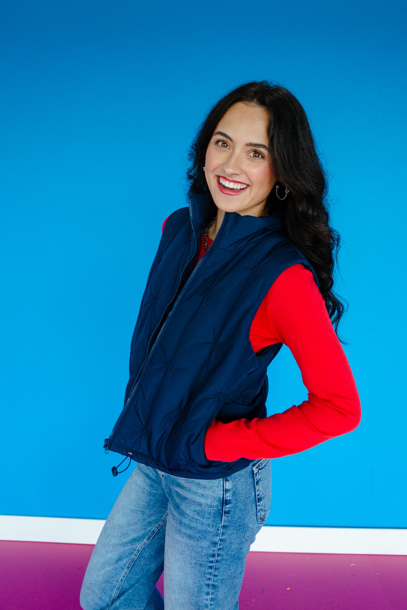 Leena Decorative Stitch Vest - Navy