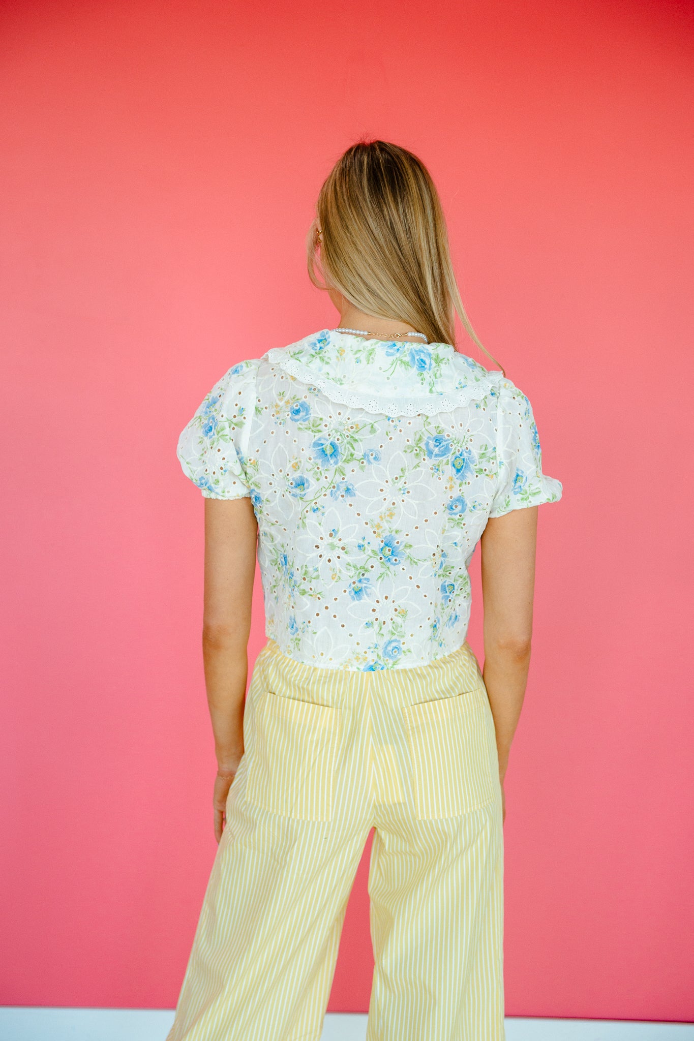 Courtney Eyelet Front Tie Blouse - Oatmeal + Grass + Soft Blue
