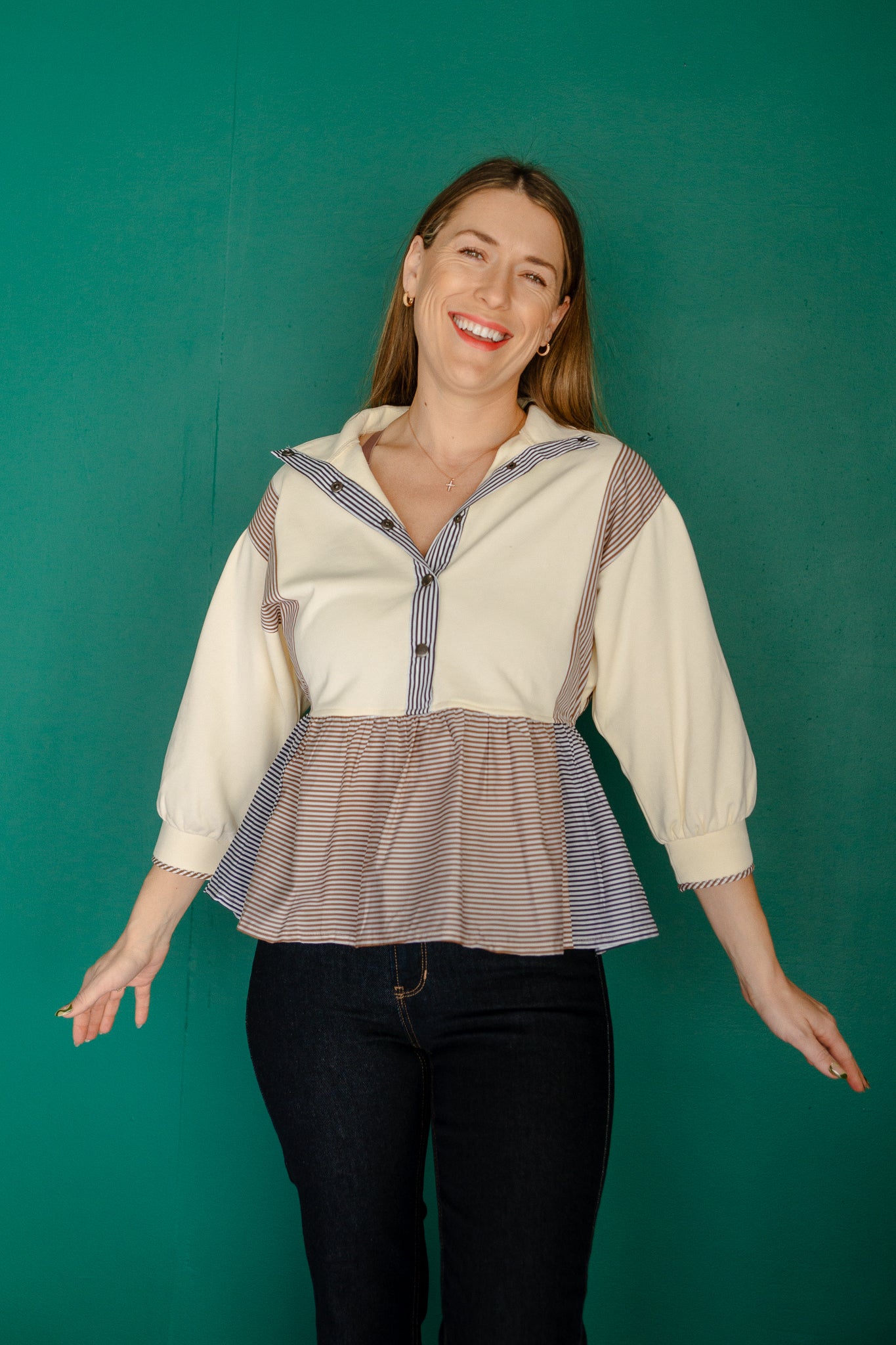 Lori Colorblock Peplum Sweatshirt - Chocolate + Ivory