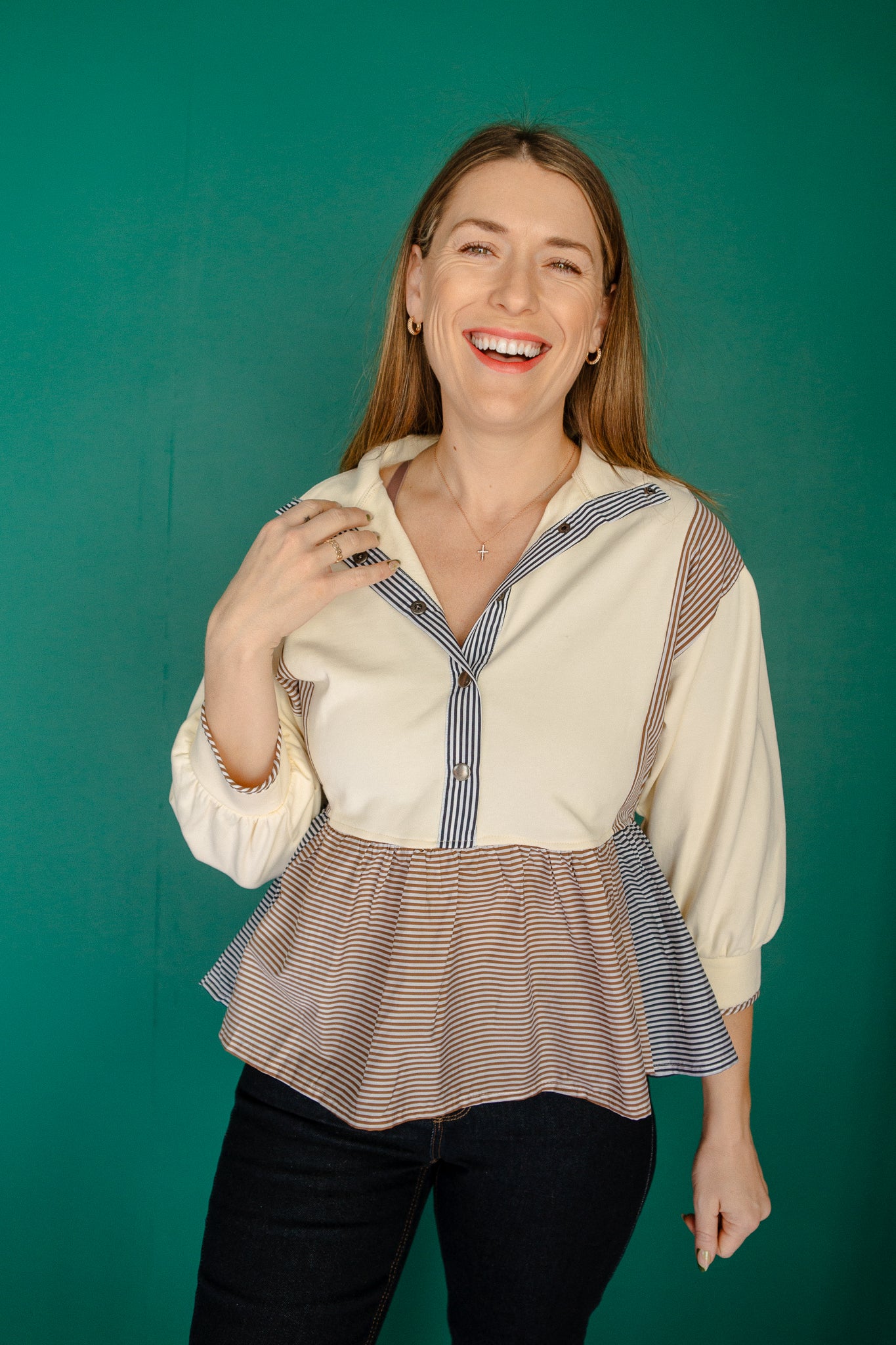 Lori Colorblock Peplum Sweatshirt - Chocolate + Ivory