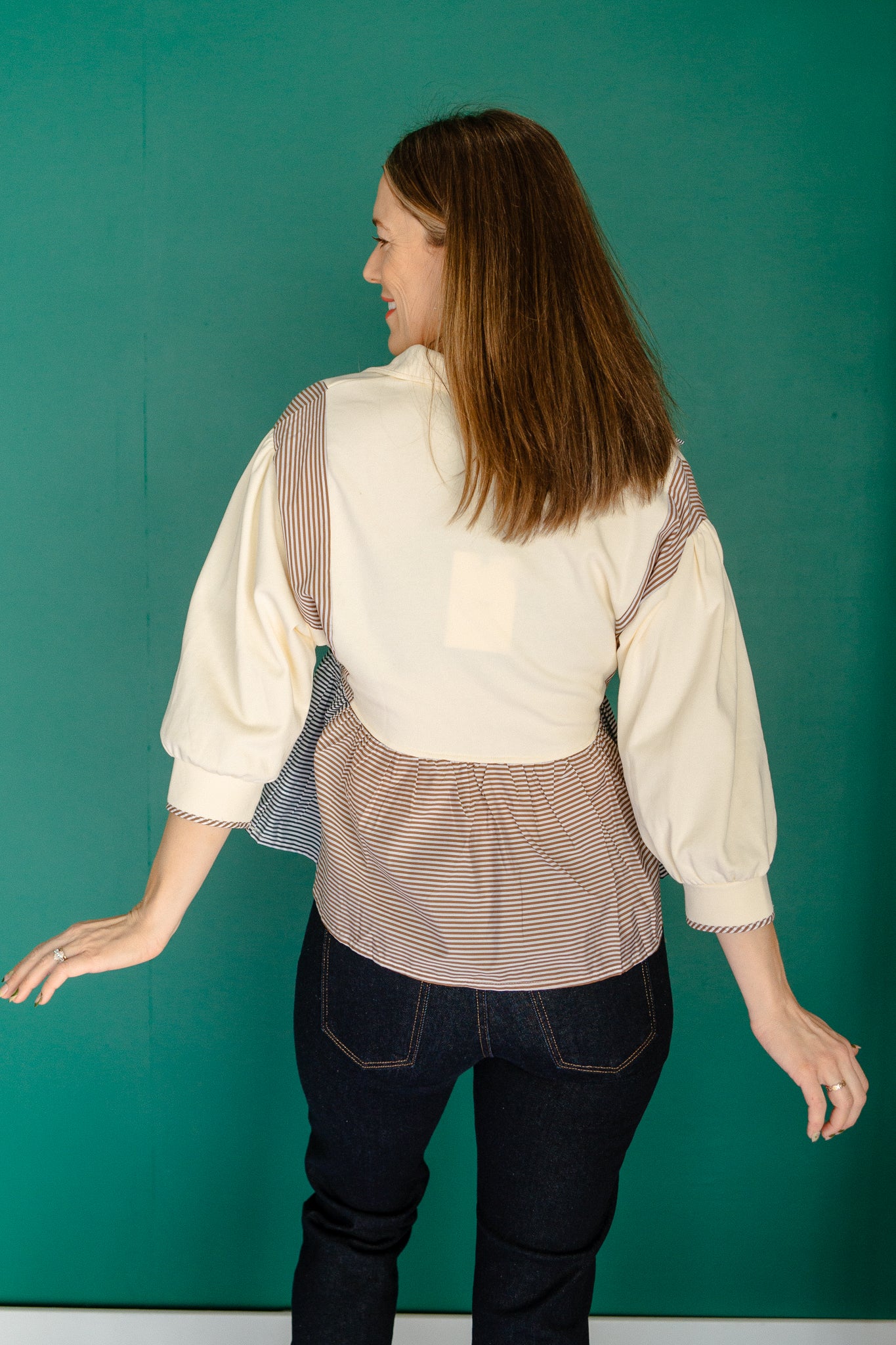 Lori Colorblock Peplum Sweatshirt - Chocolate + Ivory