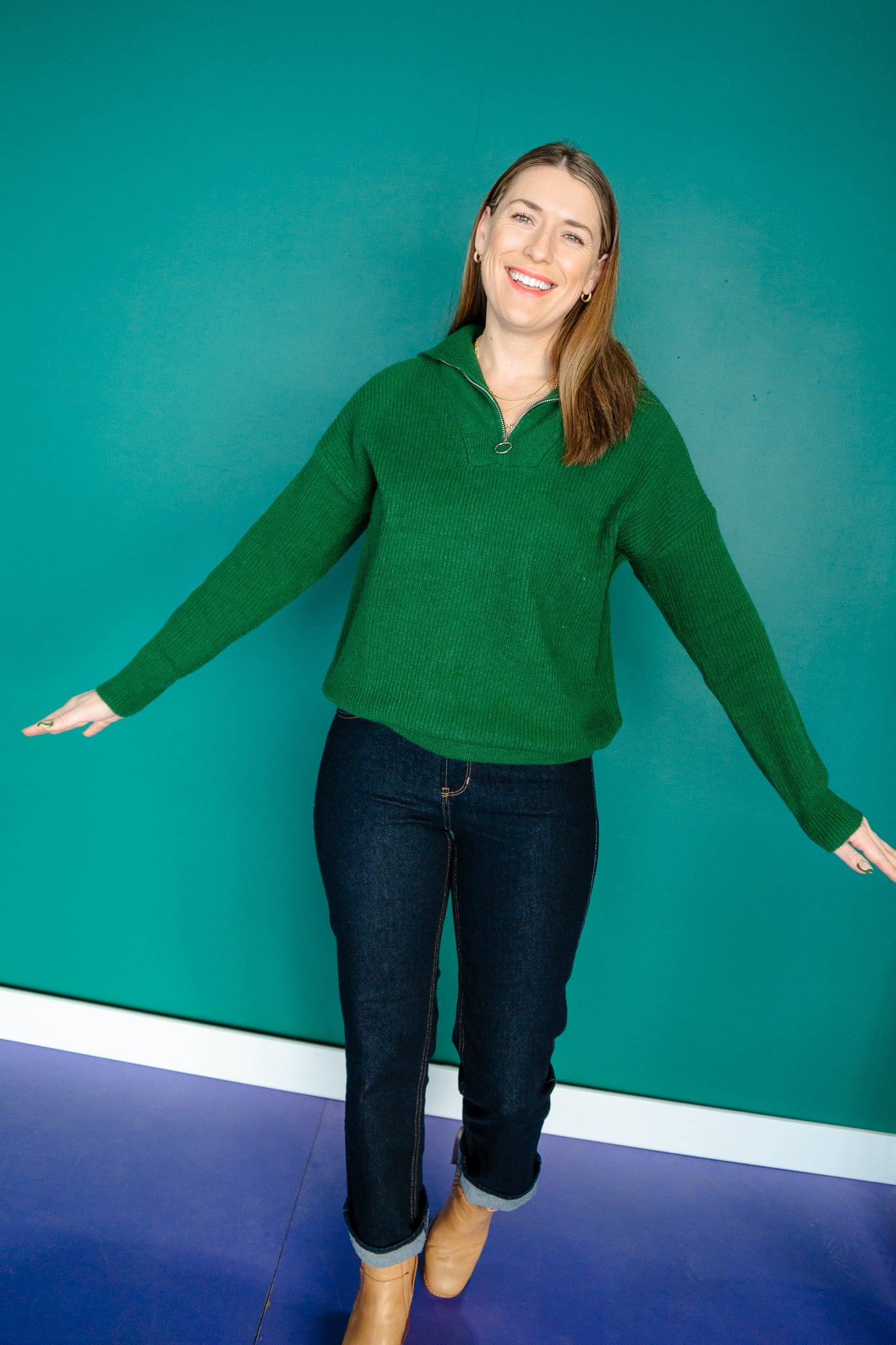 Tracey Collared Half Zip-Up Sweater - Forest Green