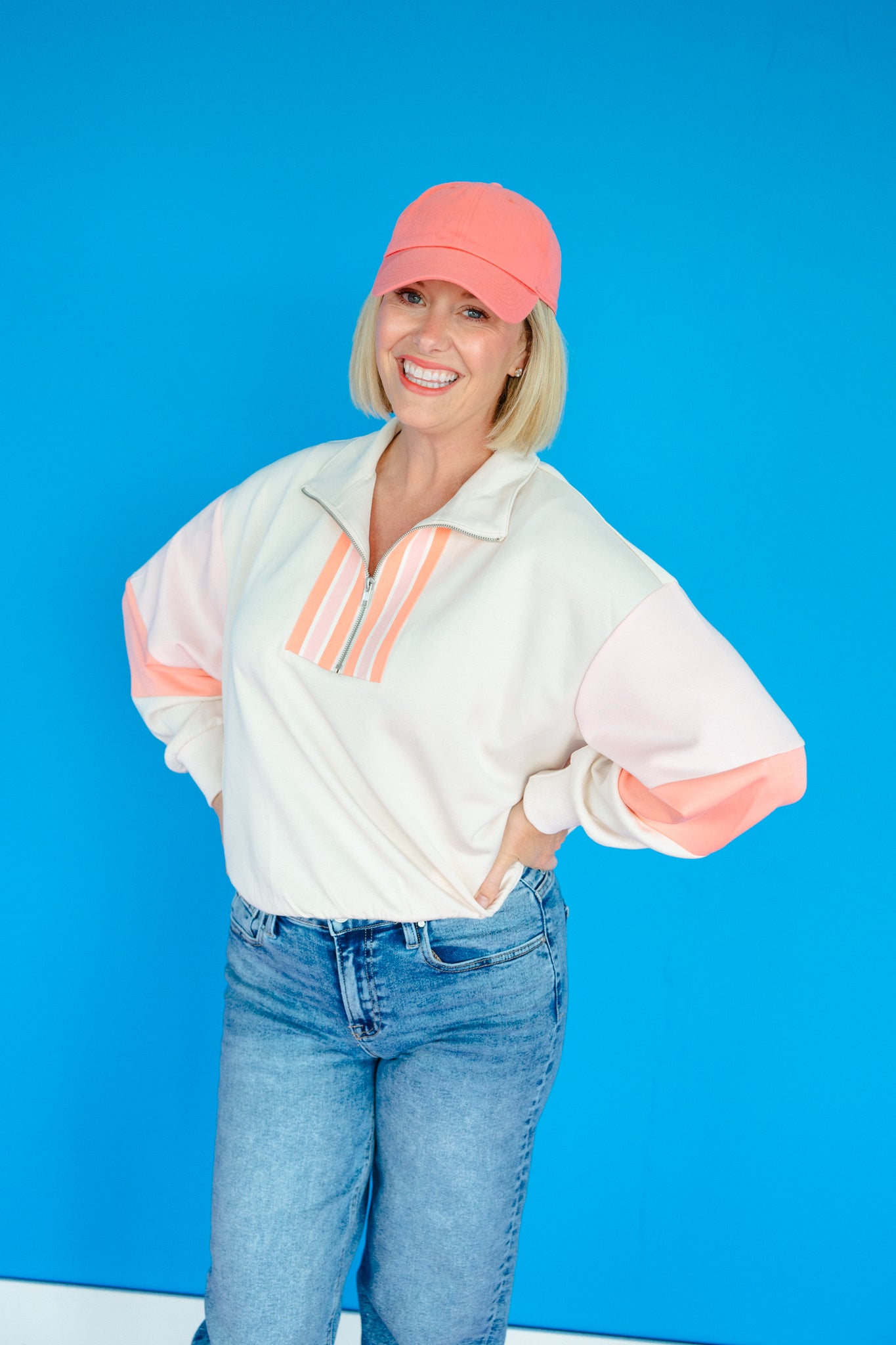 Cindy Color Block Quarter Zip Pullover - Cream + Tangerine