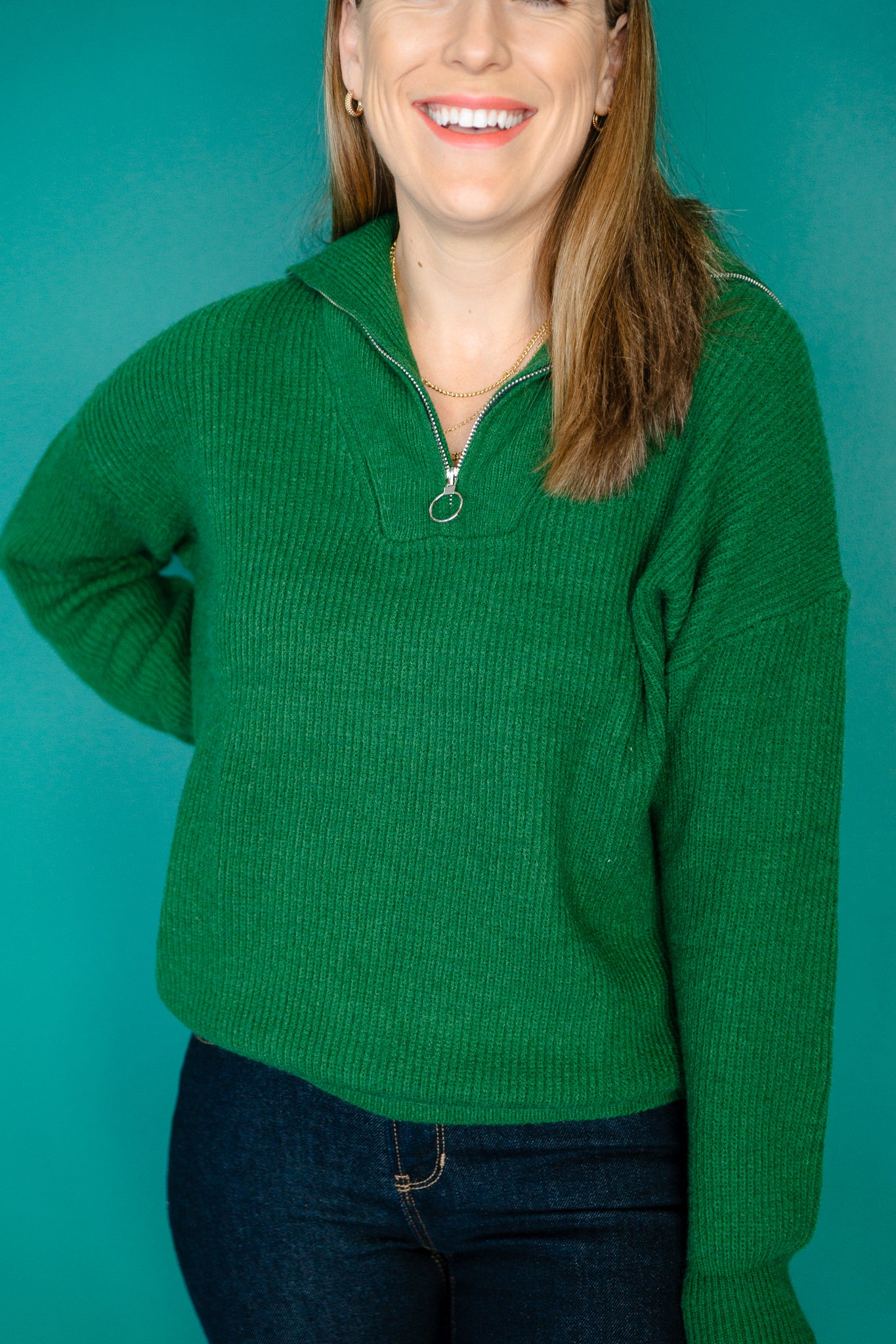Tracey Collared Half Zip-Up Sweater - Forest Green