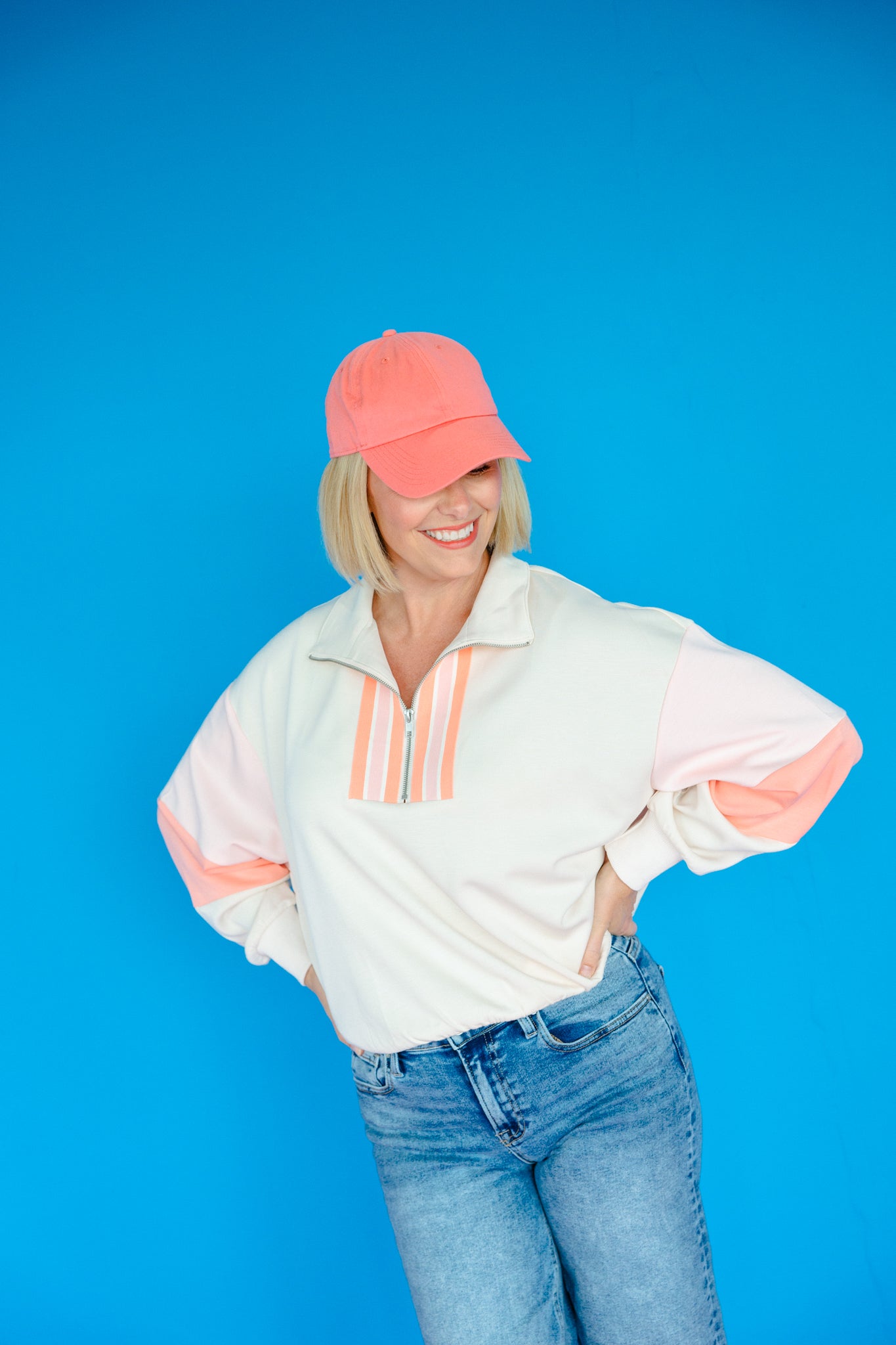 Cindy Color Block Quarter Zip Pullover - Cream + Tangerine