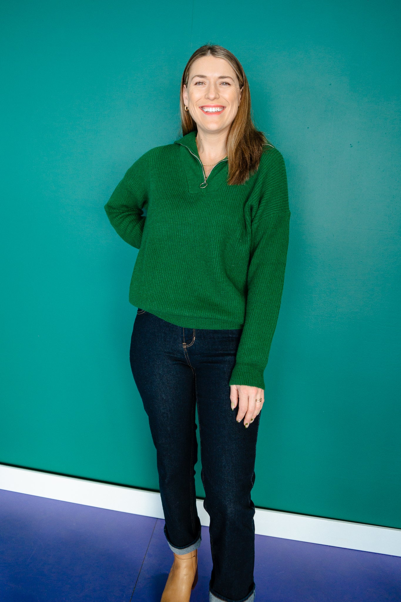 Tracey Collared Half Zip-Up Sweater - Forest Green