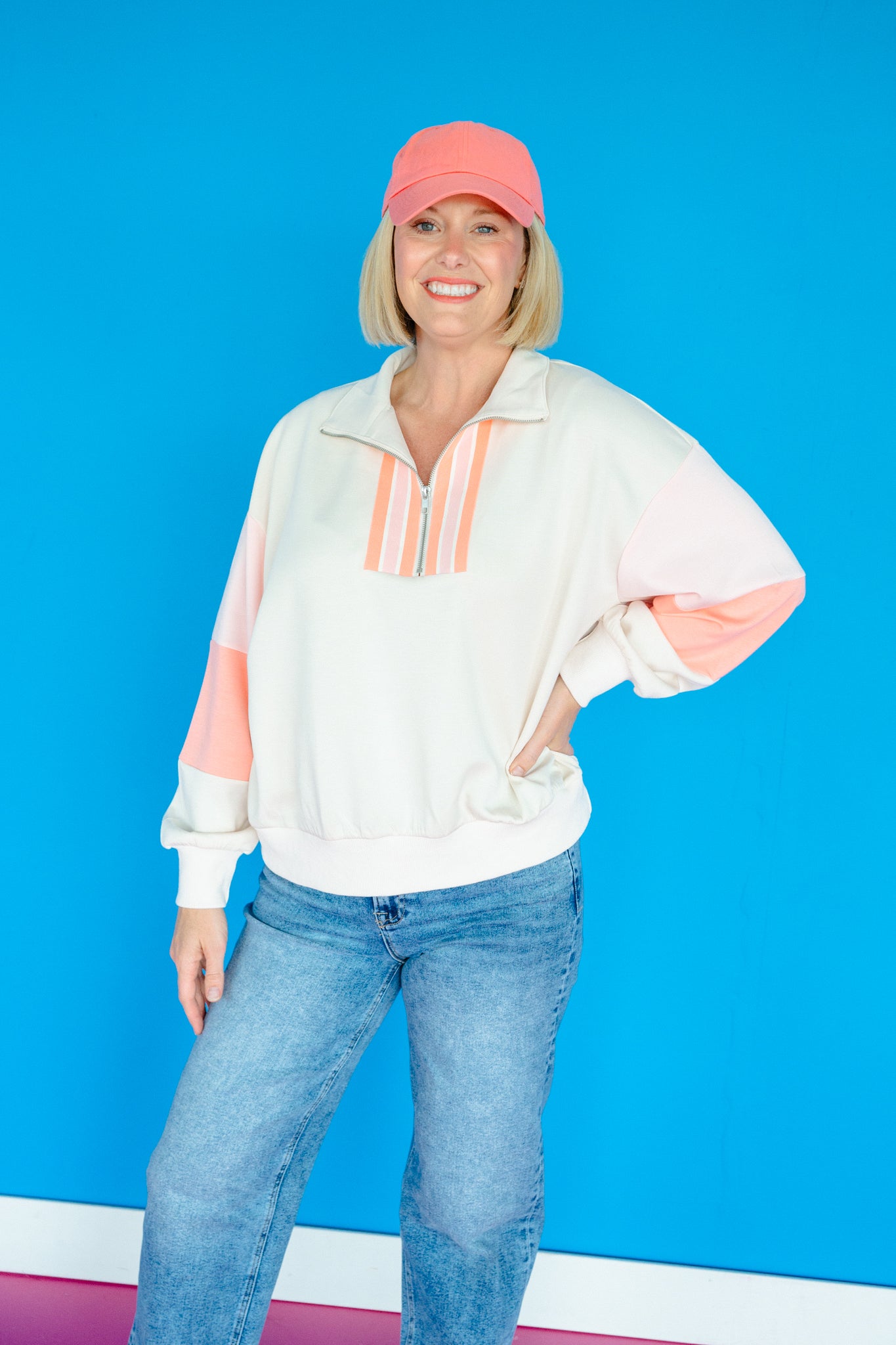 Cindy Color Block Quarter Zip Pullover - Cream + Tangerine