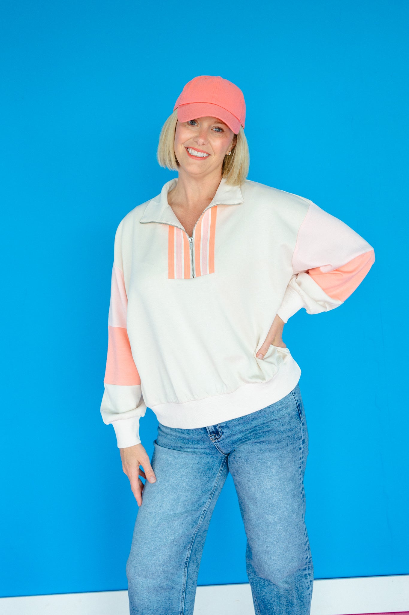 Cindy Color Block Quarter Zip Pullover - Cream + Tangerine