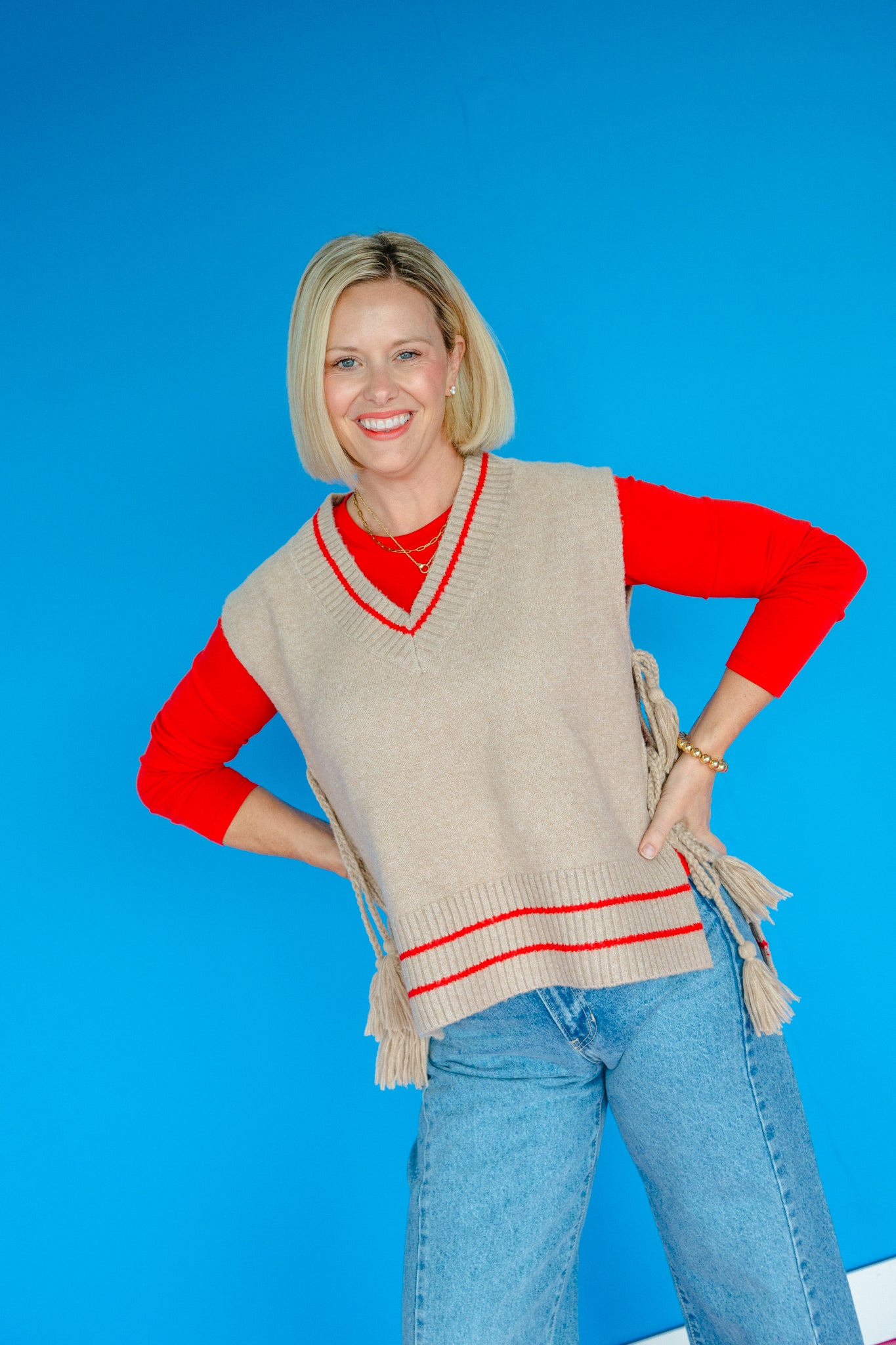 Lola Side Tie Sweater Vest - Beige + True Red
