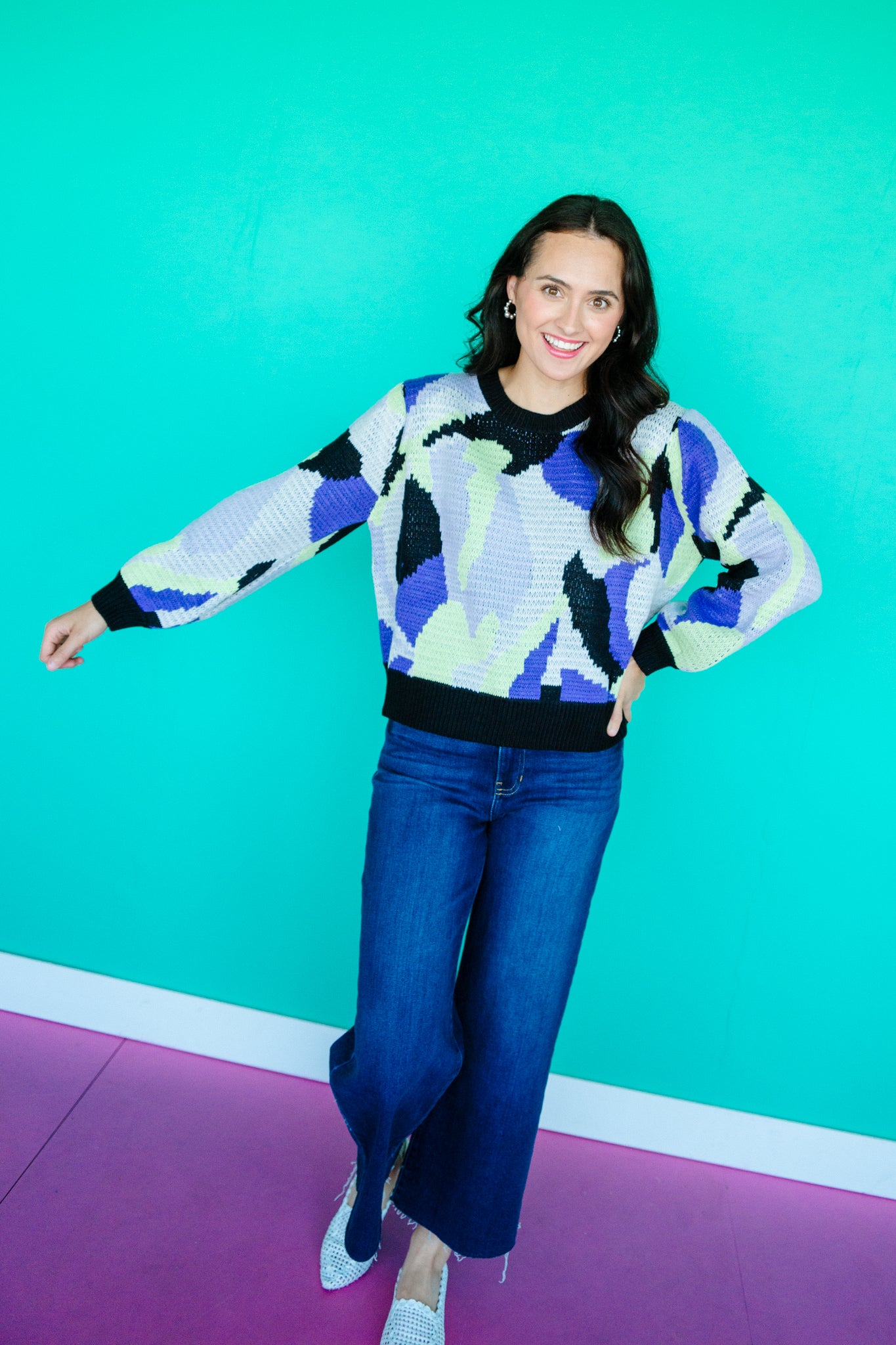 Tiffany Abstract Sweater - Acid Yellow + Black + Royal Purple