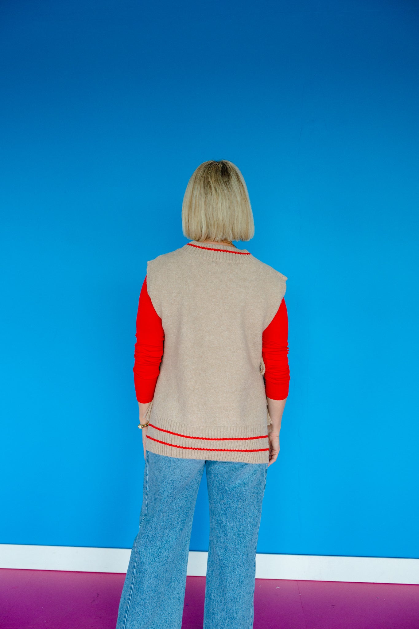 Lola Side Tie Sweater Vest - Beige + True Red