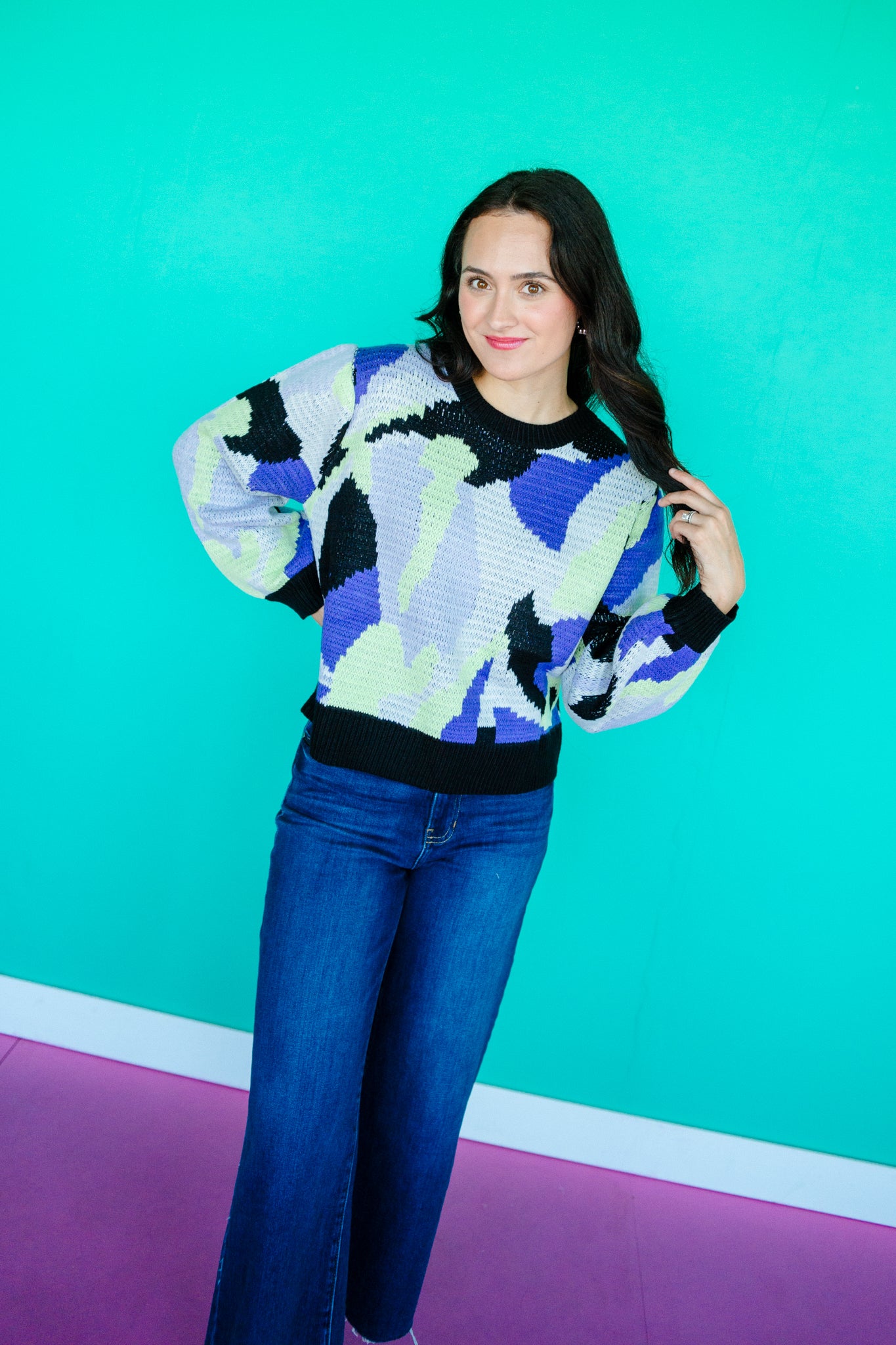 Tiffany Abstract Sweater - Acid Yellow + Black + Royal Purple