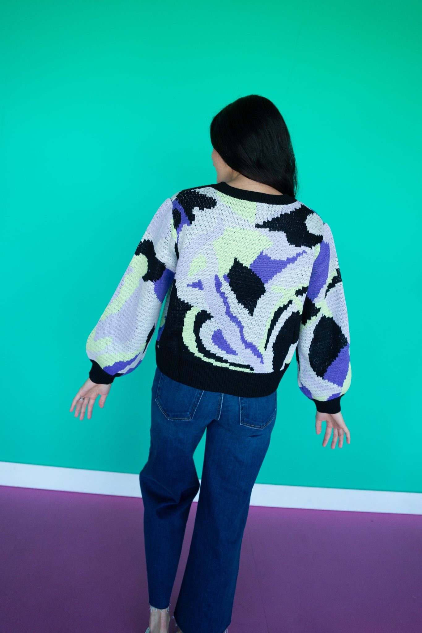 Tiffany Abstract Sweater - Acid Yellow + Black + Royal Purple