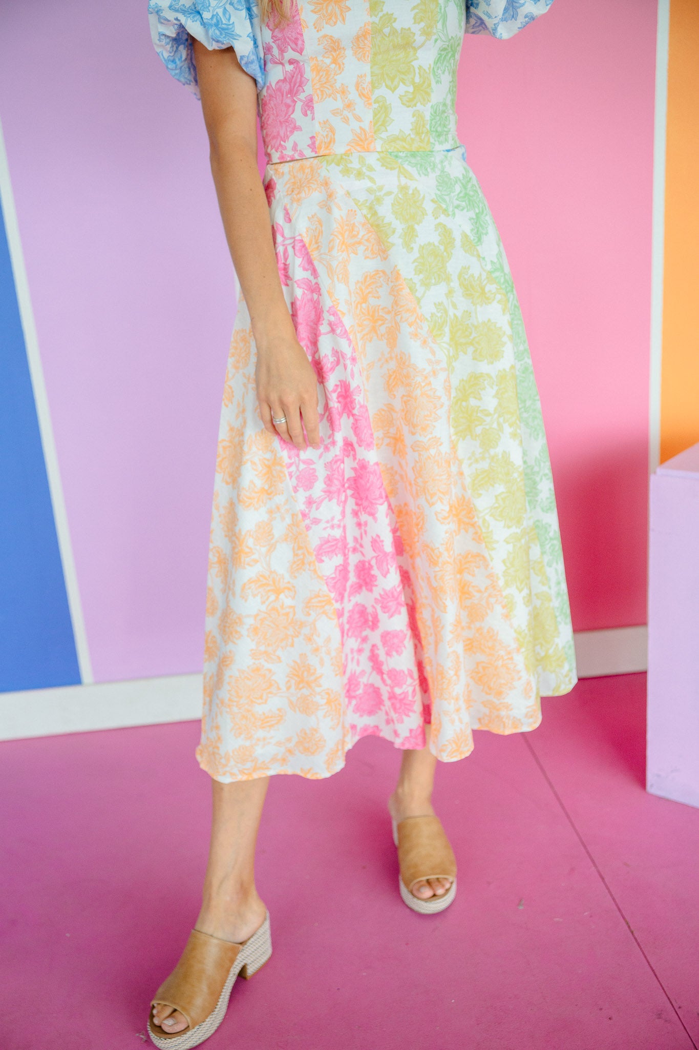 Camila Floral Print Midi Skirt - Soft White + Apple + Cornflower + Pink
