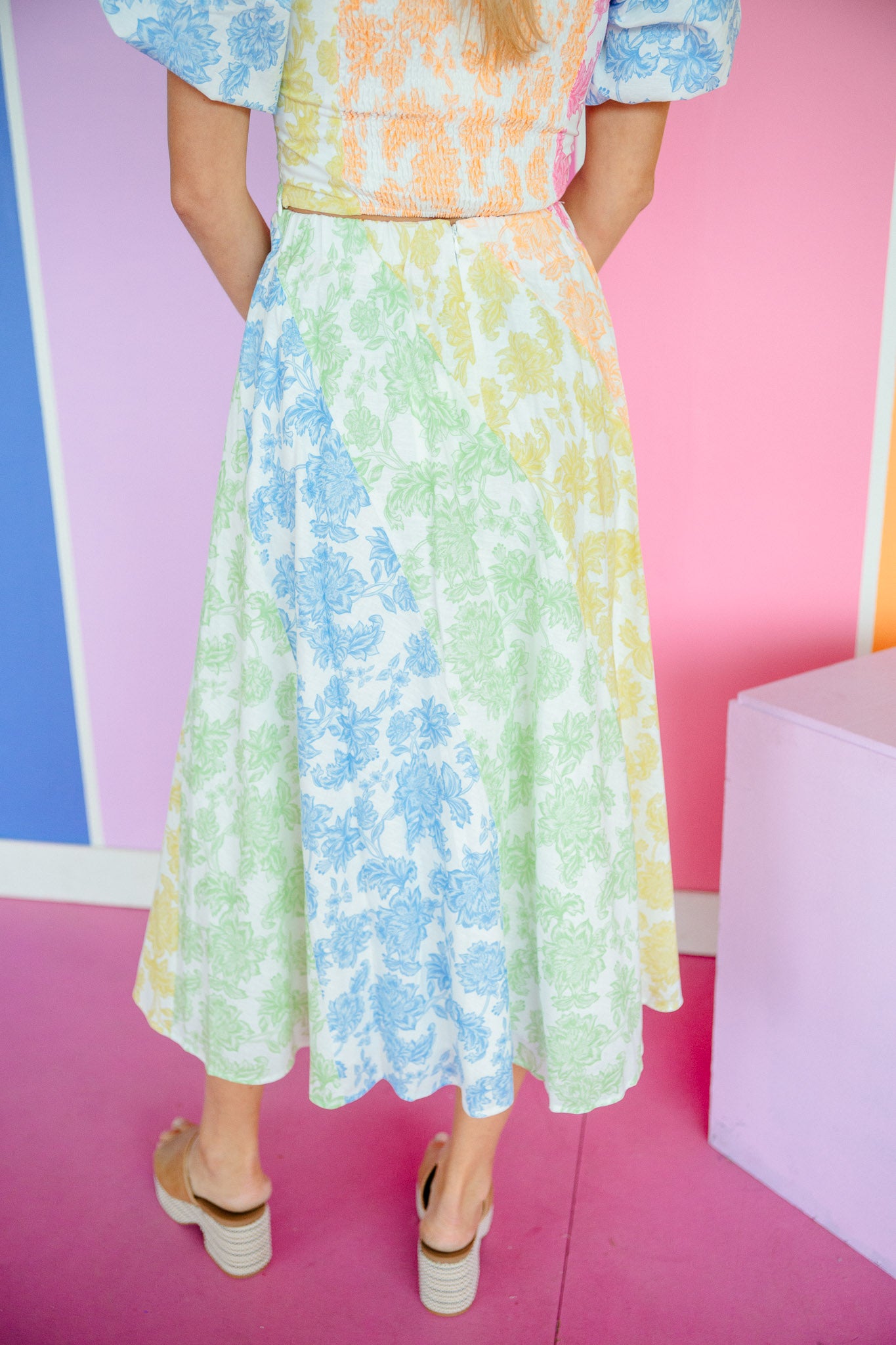 Camila Floral Print Midi Skirt - Soft White + Apple + Cornflower + Pink