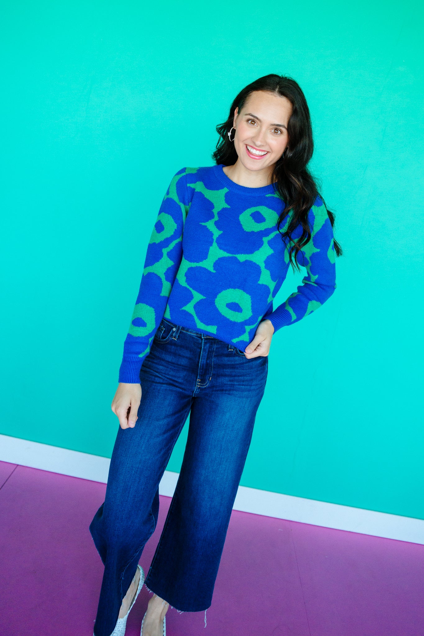 Diane Round Neck Sweater - Bright Navy + Green