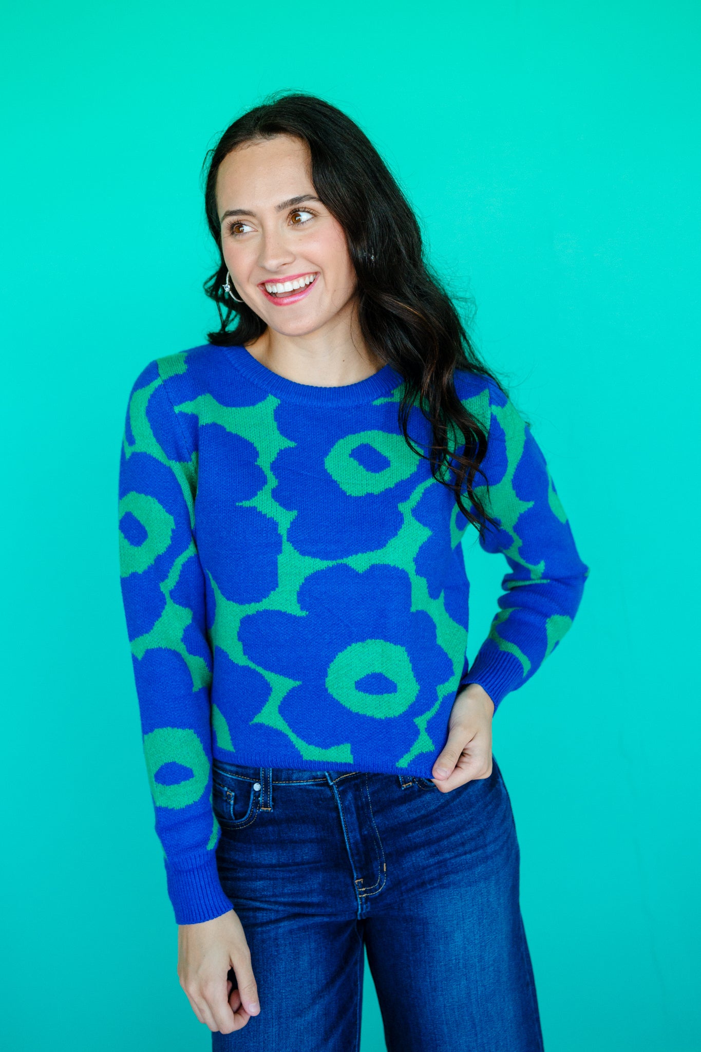 Diane Round Neck Sweater - Bright Navy + Green