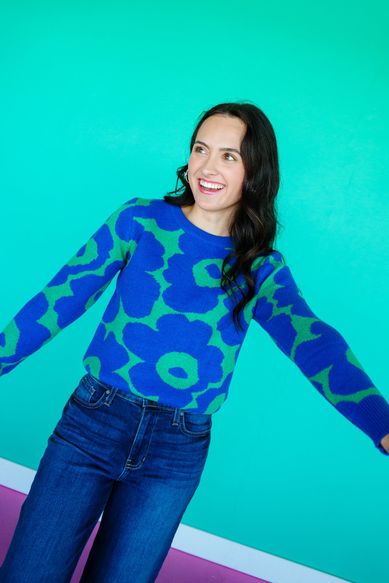 Diane Round Neck Sweater - Bright Navy + Green