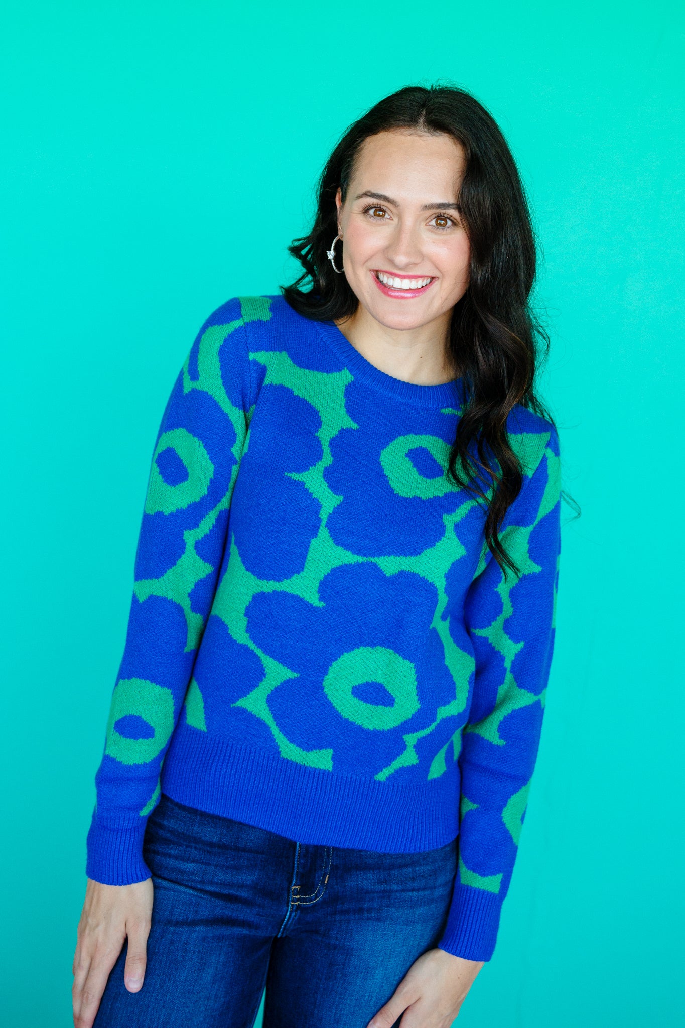 Diane Round Neck Sweater - Bright Navy + Green