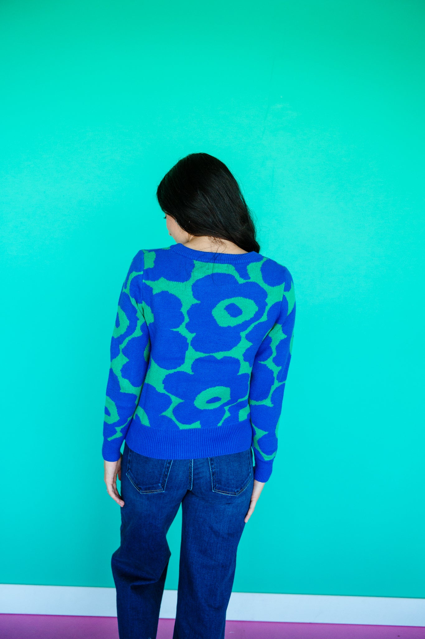 Diane Round Neck Sweater - Bright Navy + Green