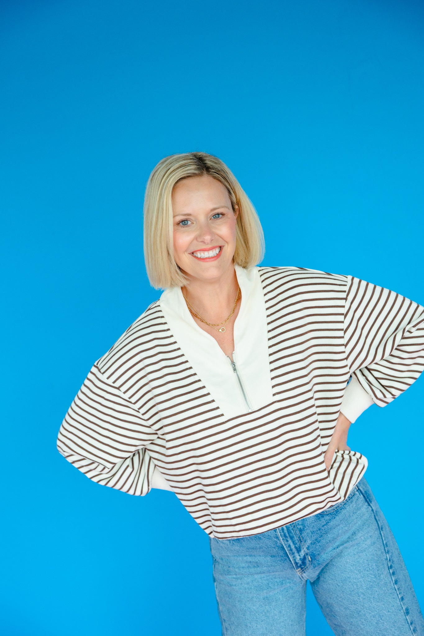 Gracie Half Zip Striped Pullover - Oatmeal + Dark Chocolate