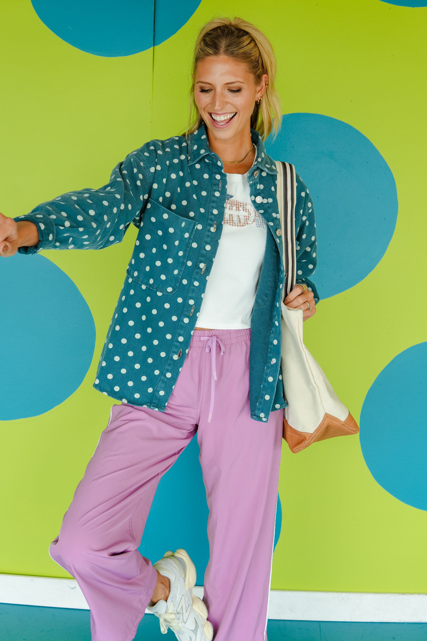 All Dotted Up Polka Dot Denim Jacket - Dusty Kingfisher