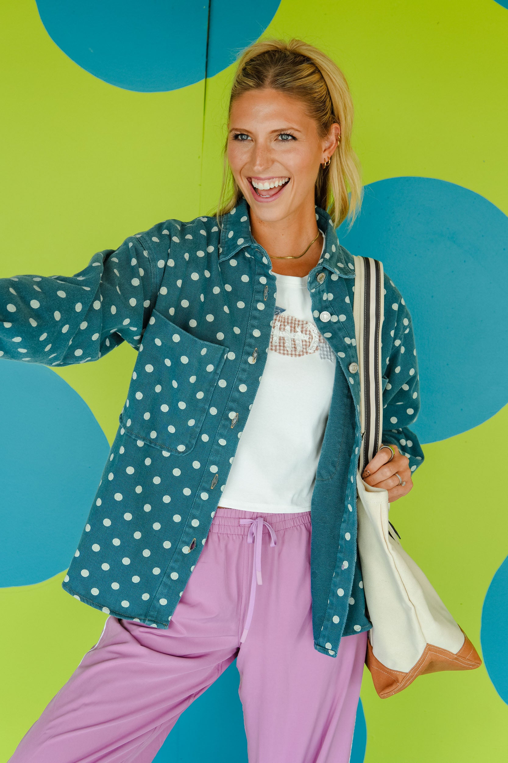 All Dotted Up Polka Dot Denim Jacket - Dusty Kingfisher