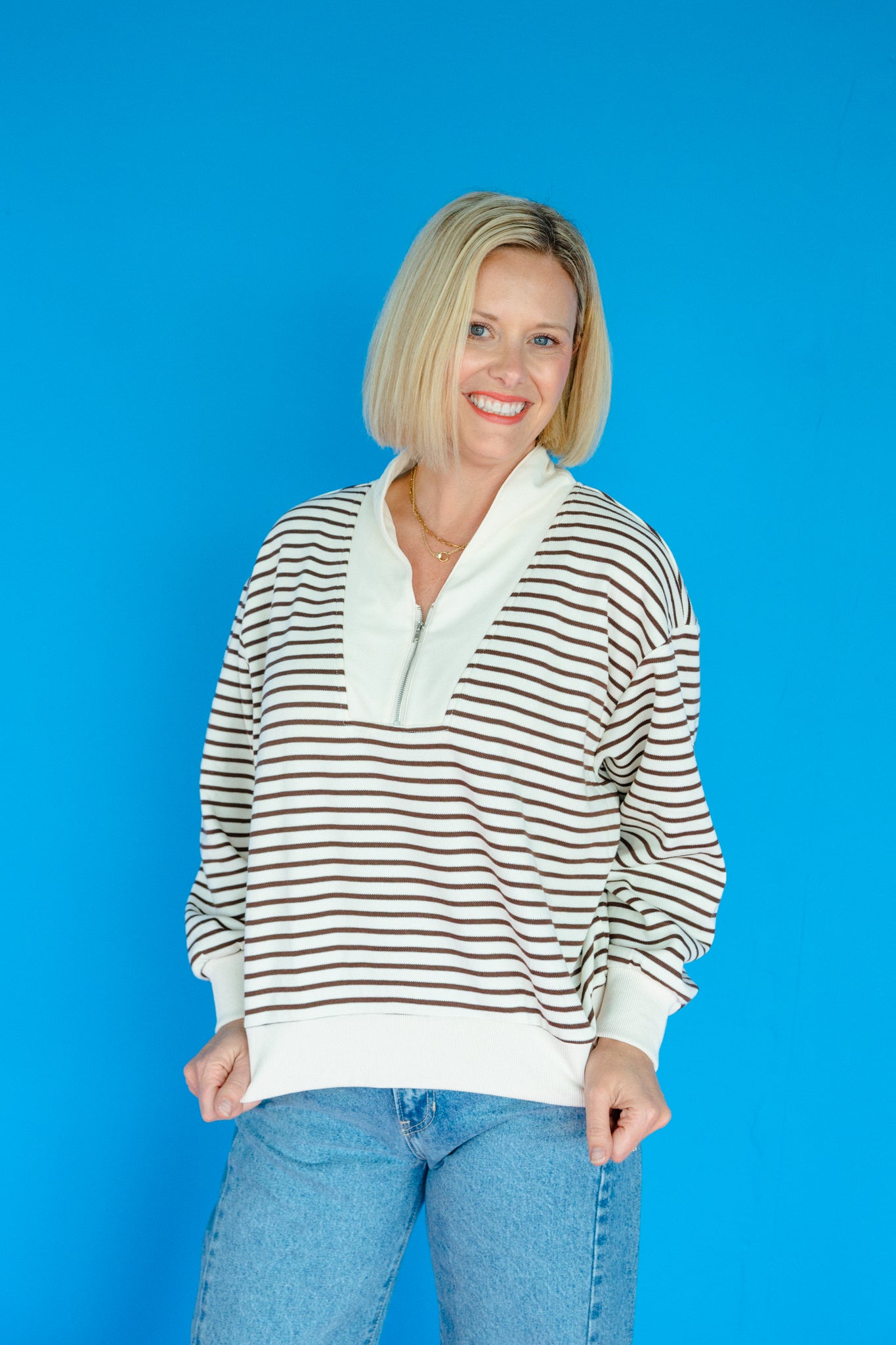 Gracie Half Zip Striped Pullover - Oatmeal + Dark Chocolate