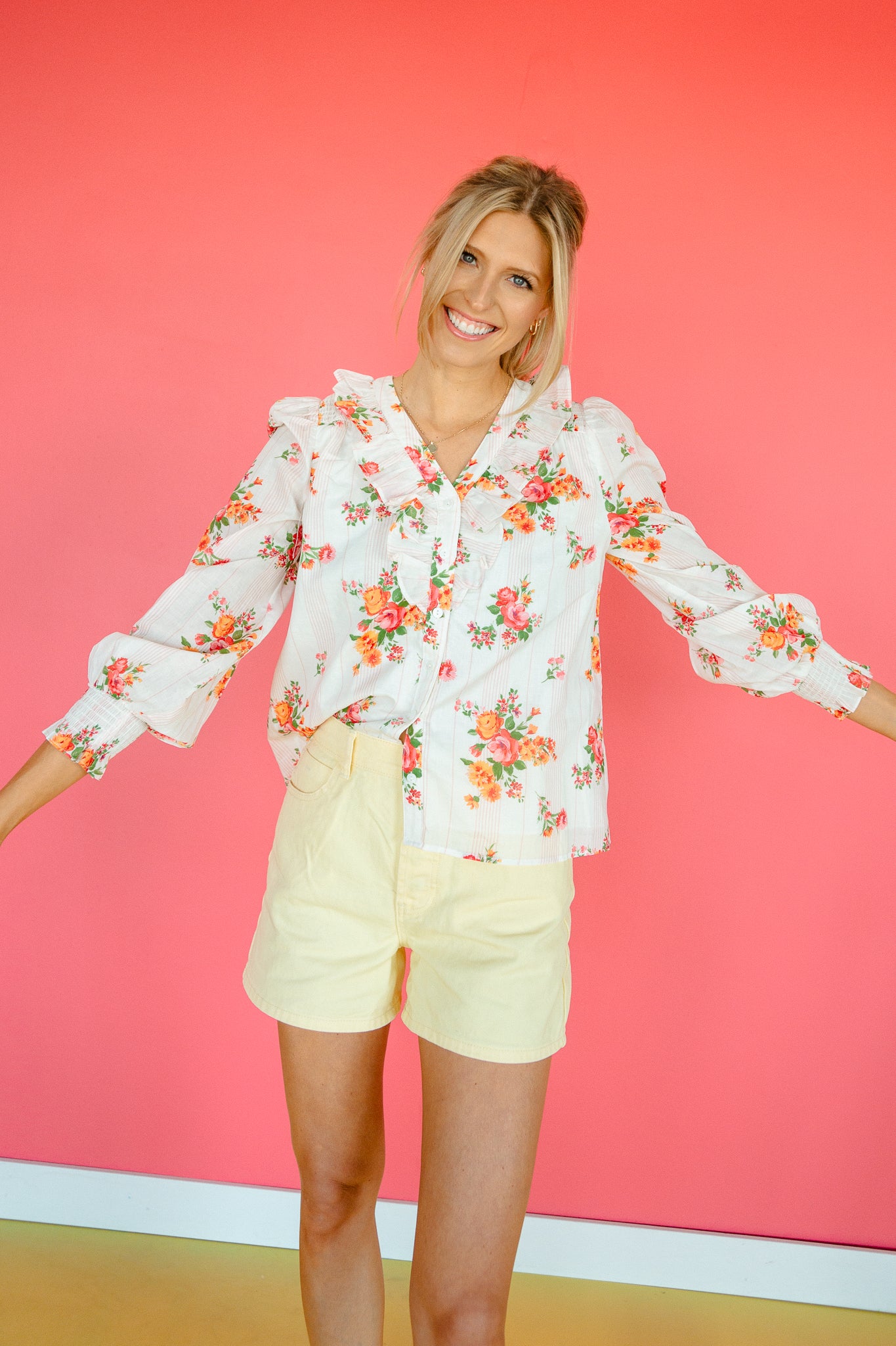 Jordan Floral Button Blouse - Cream + Coral + Tangerine