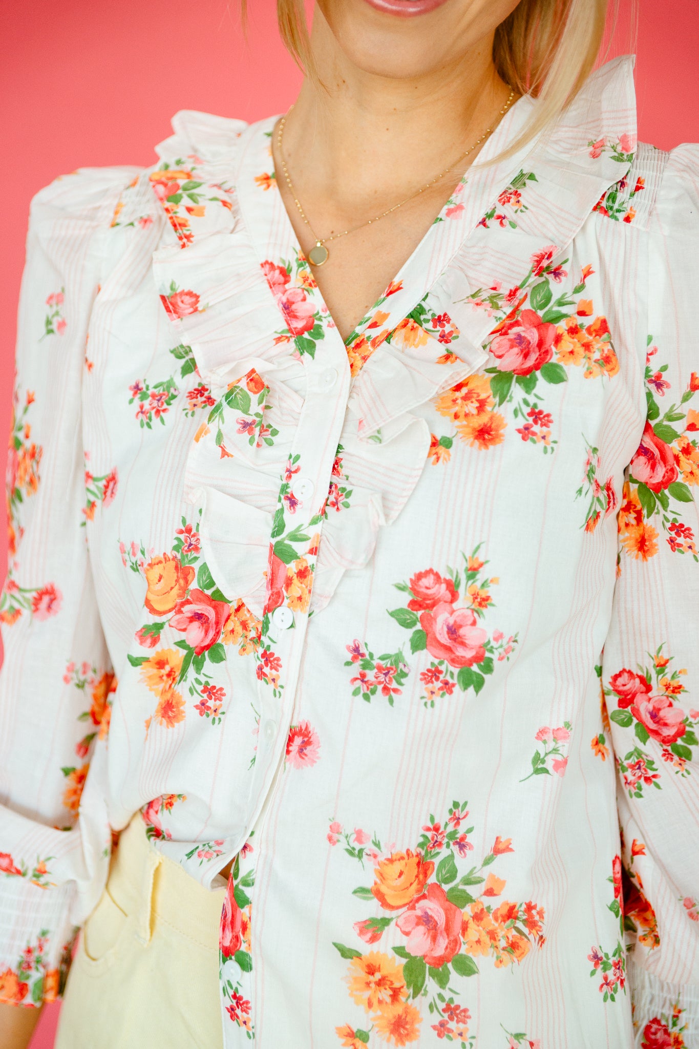 Jordan Floral Button Blouse - Cream + Coral + Tangerine