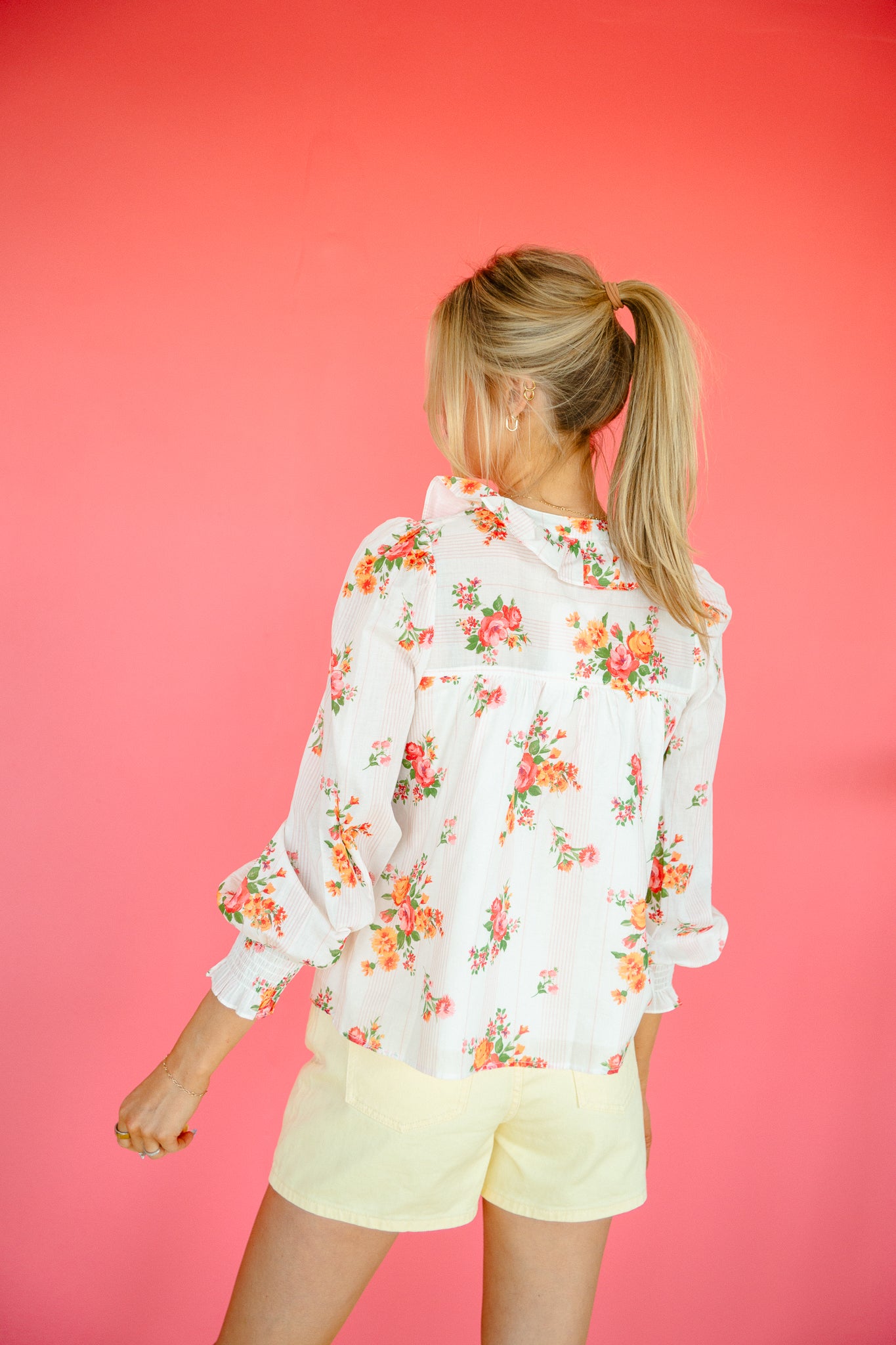 Jordan Floral Button Blouse - Cream + Coral + Tangerine