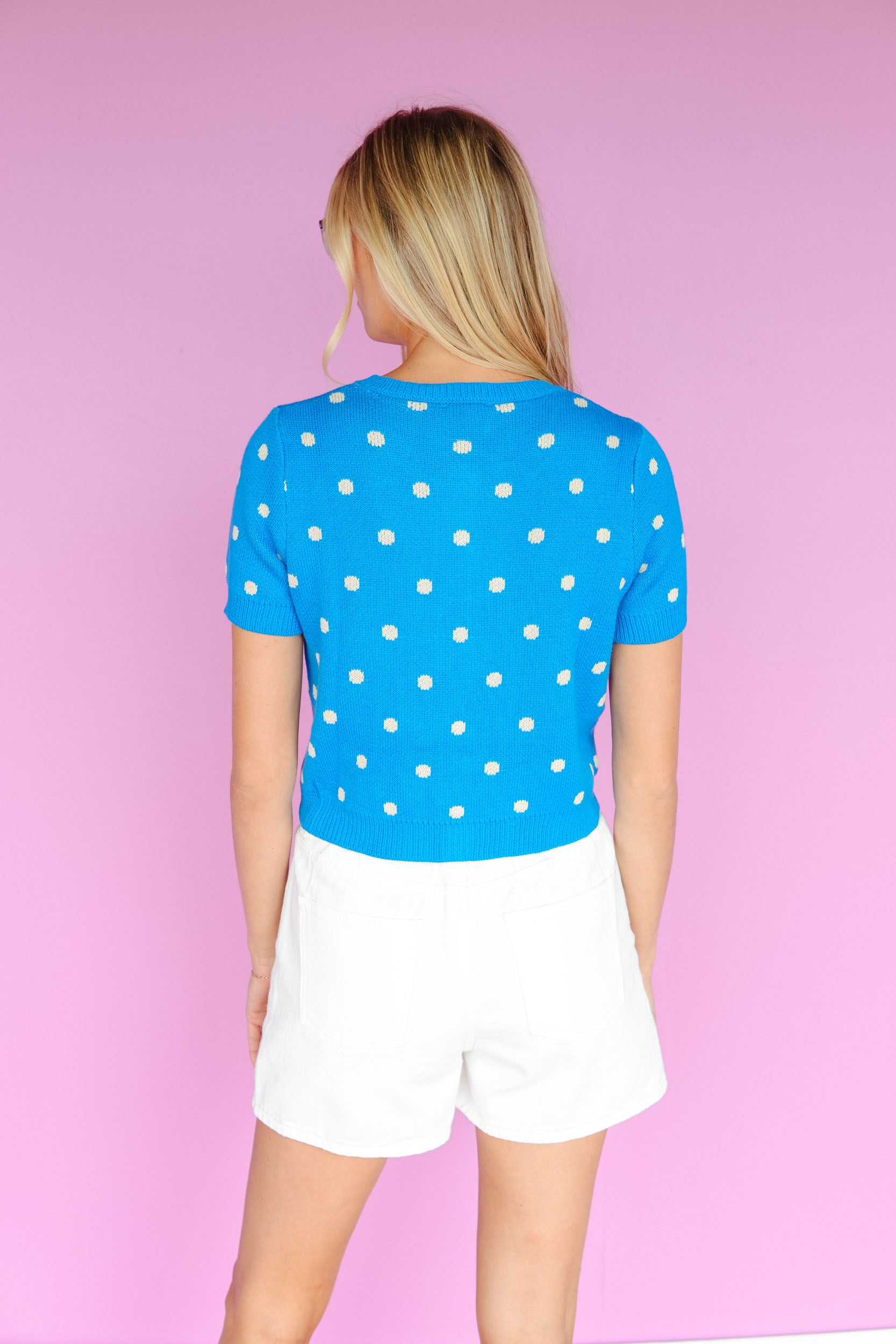 Penny Polka Dot Short Sleeve Cardigan - Bright Blue + Cream