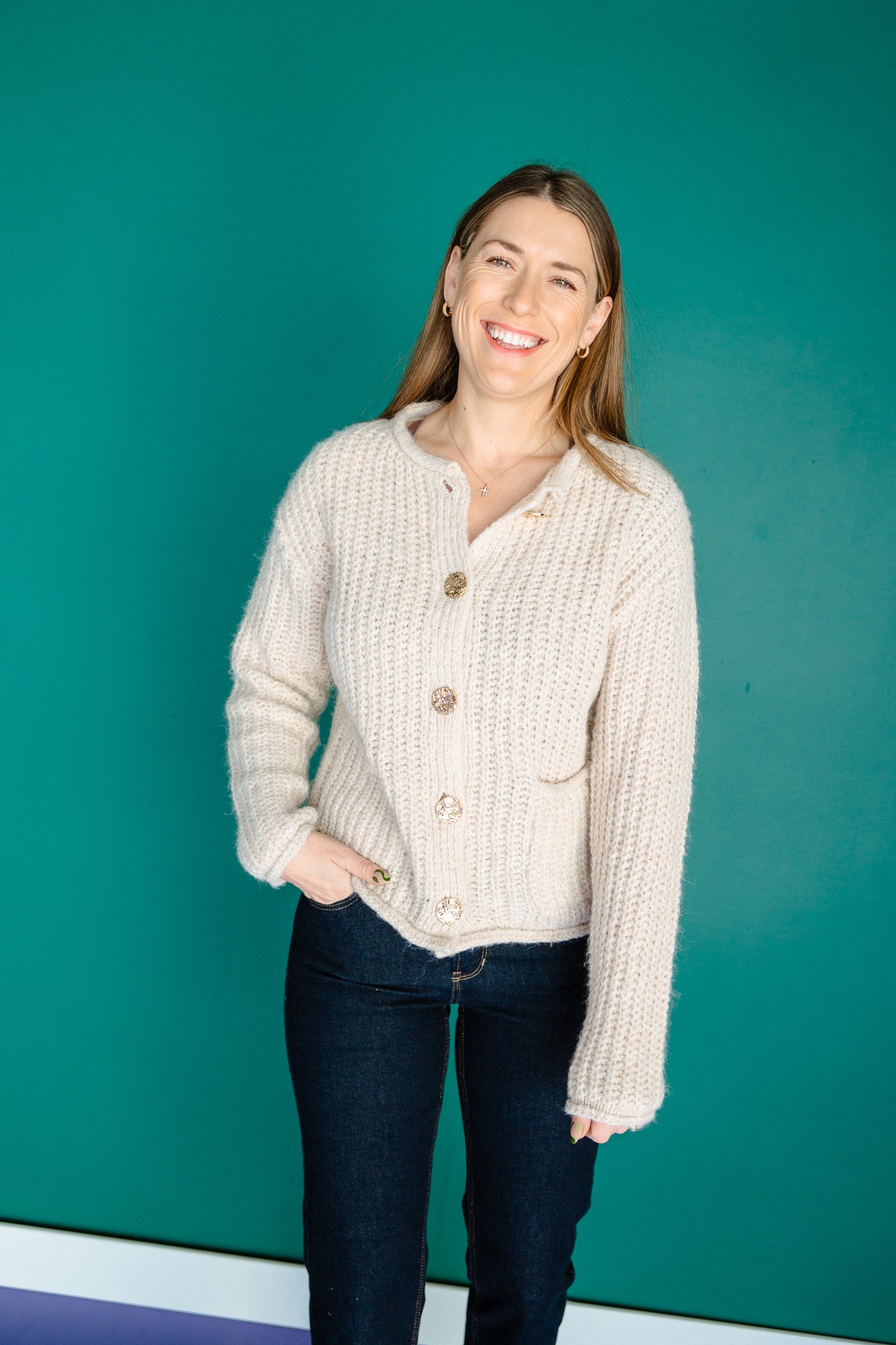 Shonda Chunky Cardigan - Beige + Gold