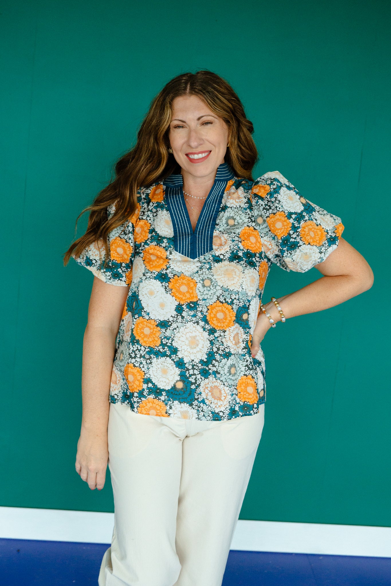 Faith Puff Sleeve Top - Warm Navy + Saffron