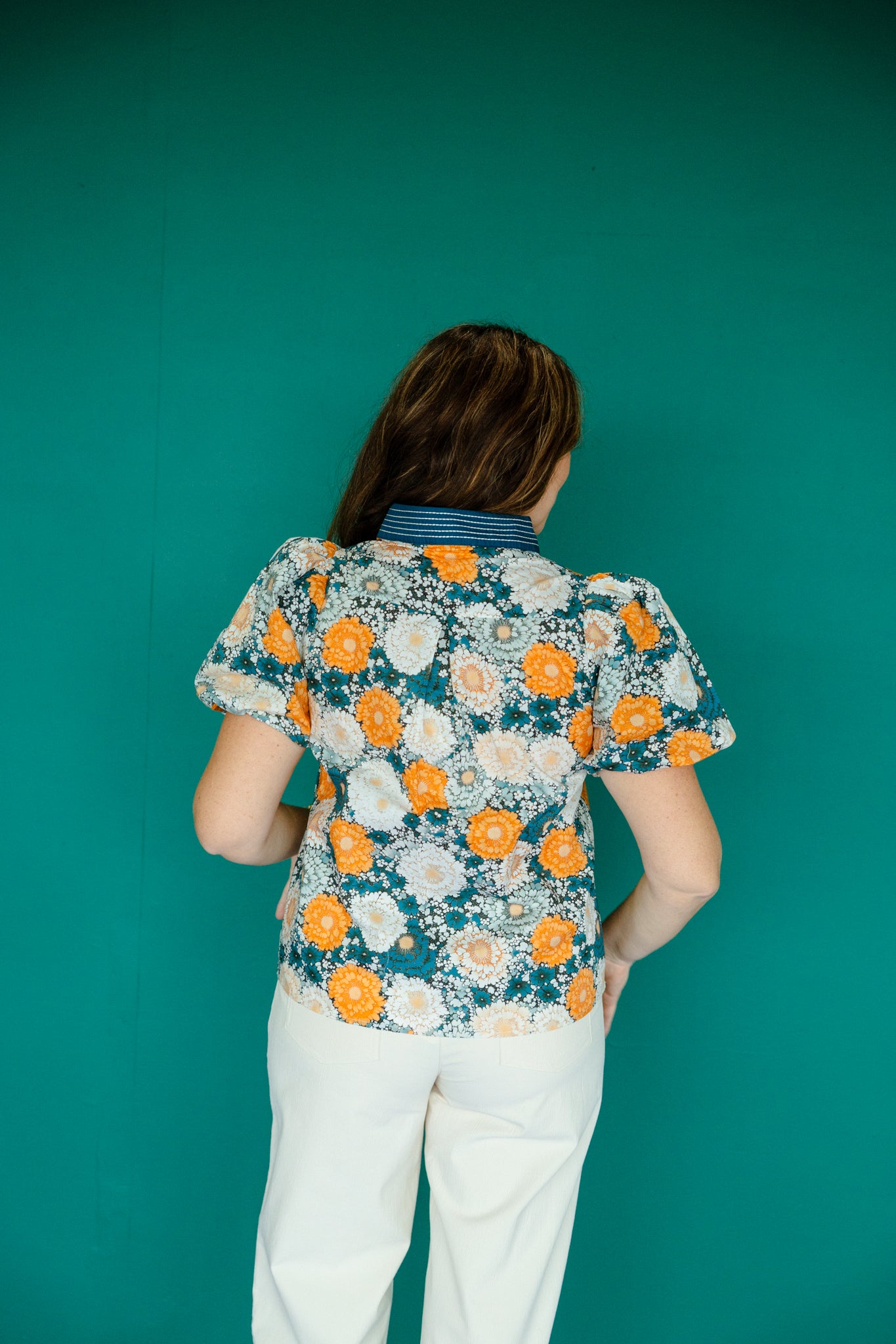 Faith Puff Sleeve Top - Warm Navy + Saffron