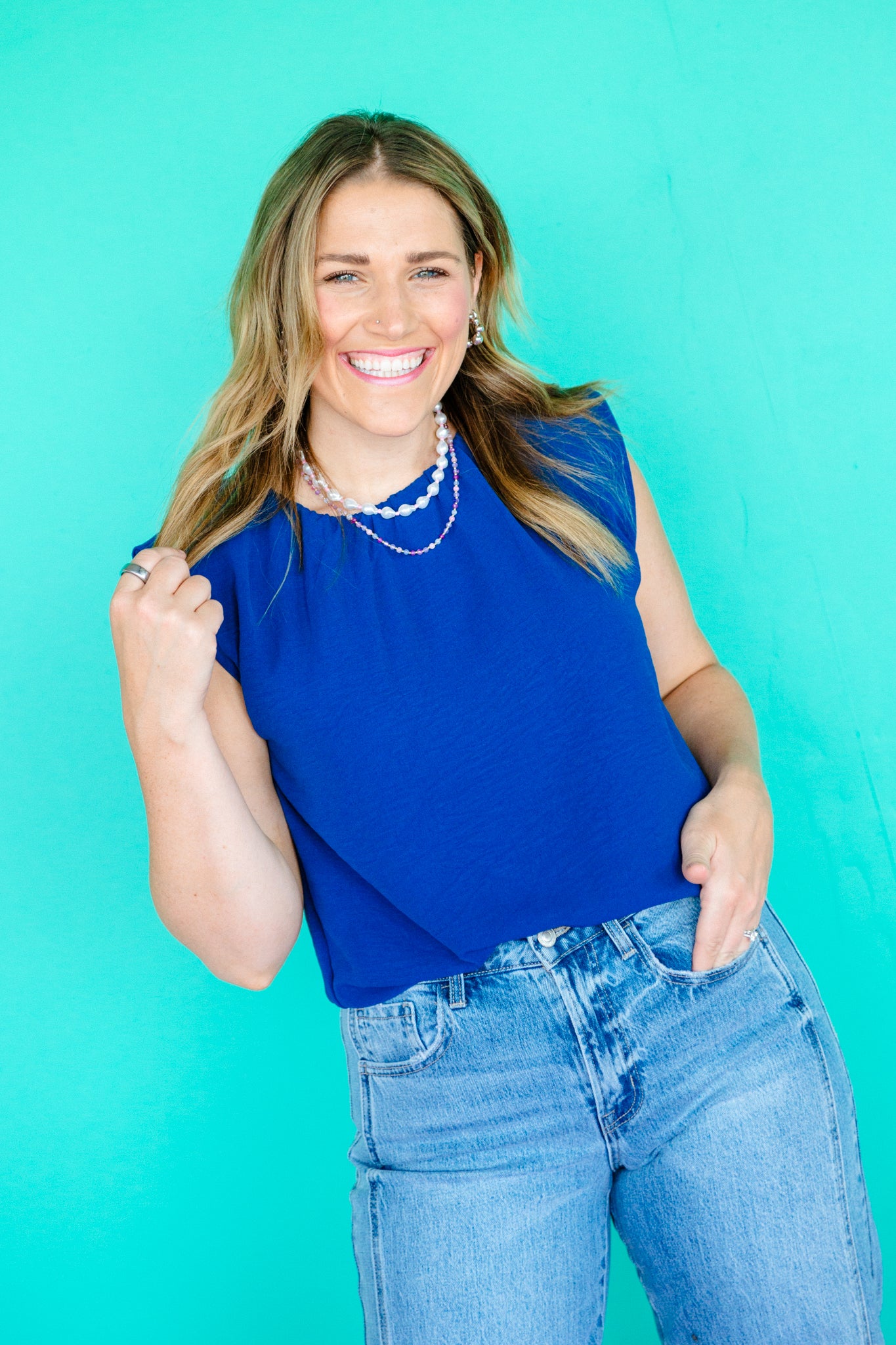 Mina Bubble Hem Tank - Bold Blue