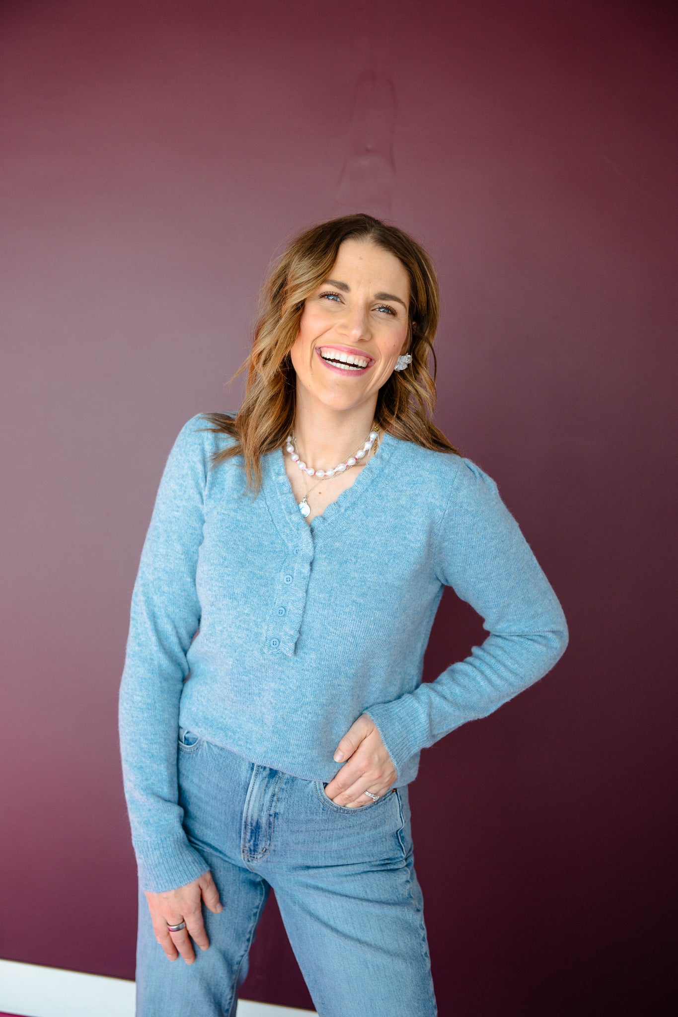 Kendra Ruffle Neck Henley Sweater