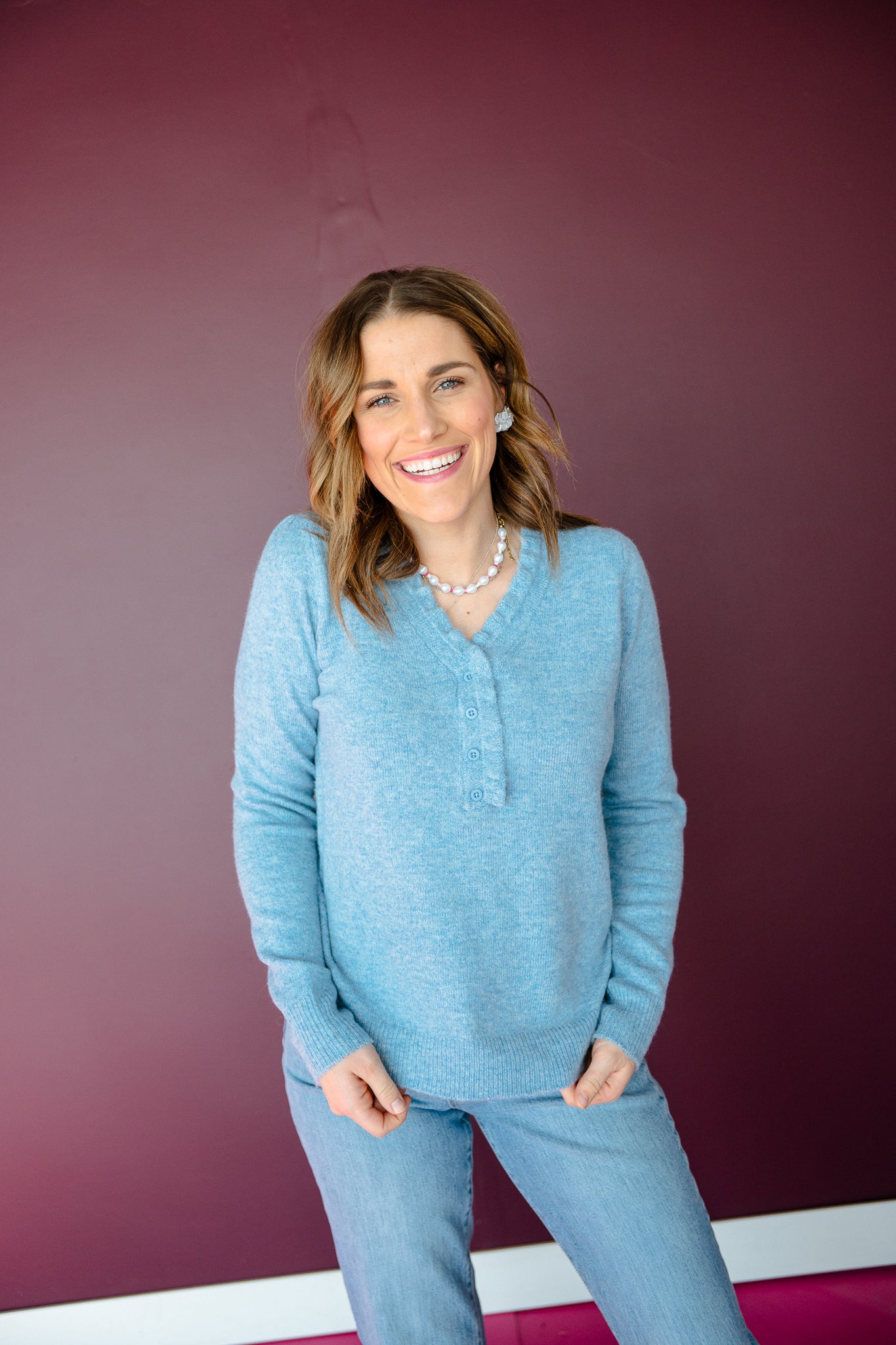 Kendra Ruffle Neck Henley Sweater