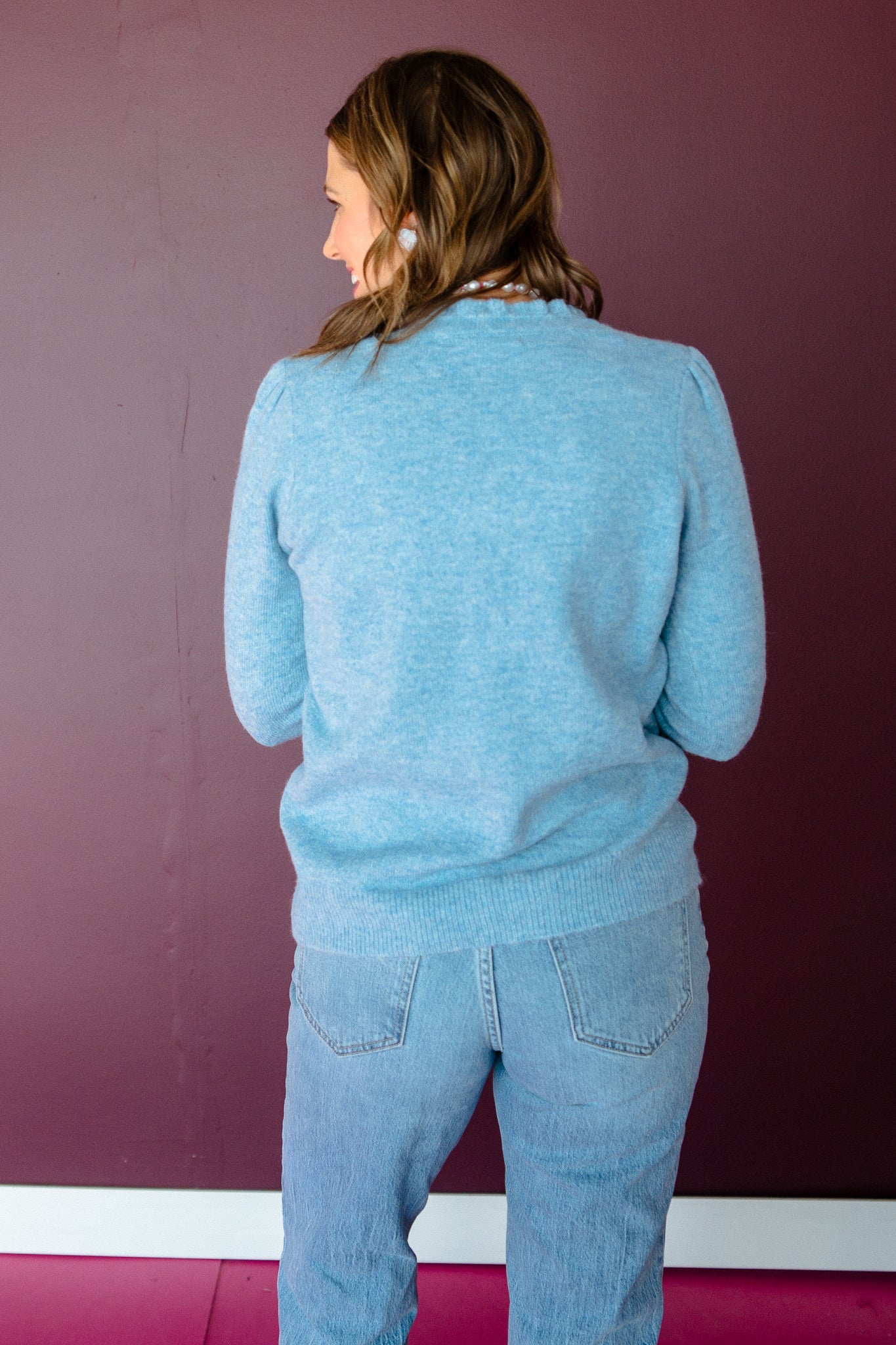 Kendra Ruffle Neck Henley Sweater