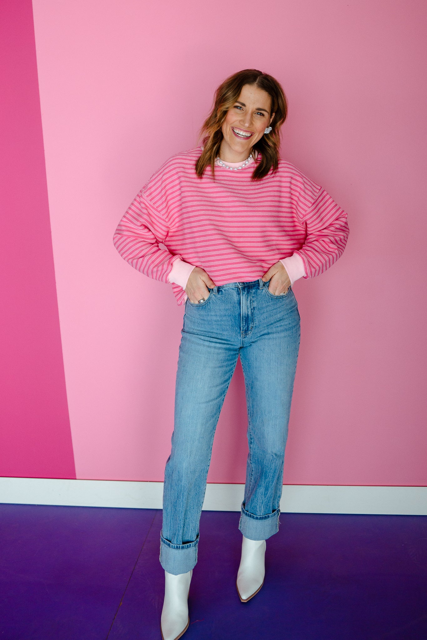 Miranda Striped Sweatshirt - Rose + Pastel Pink