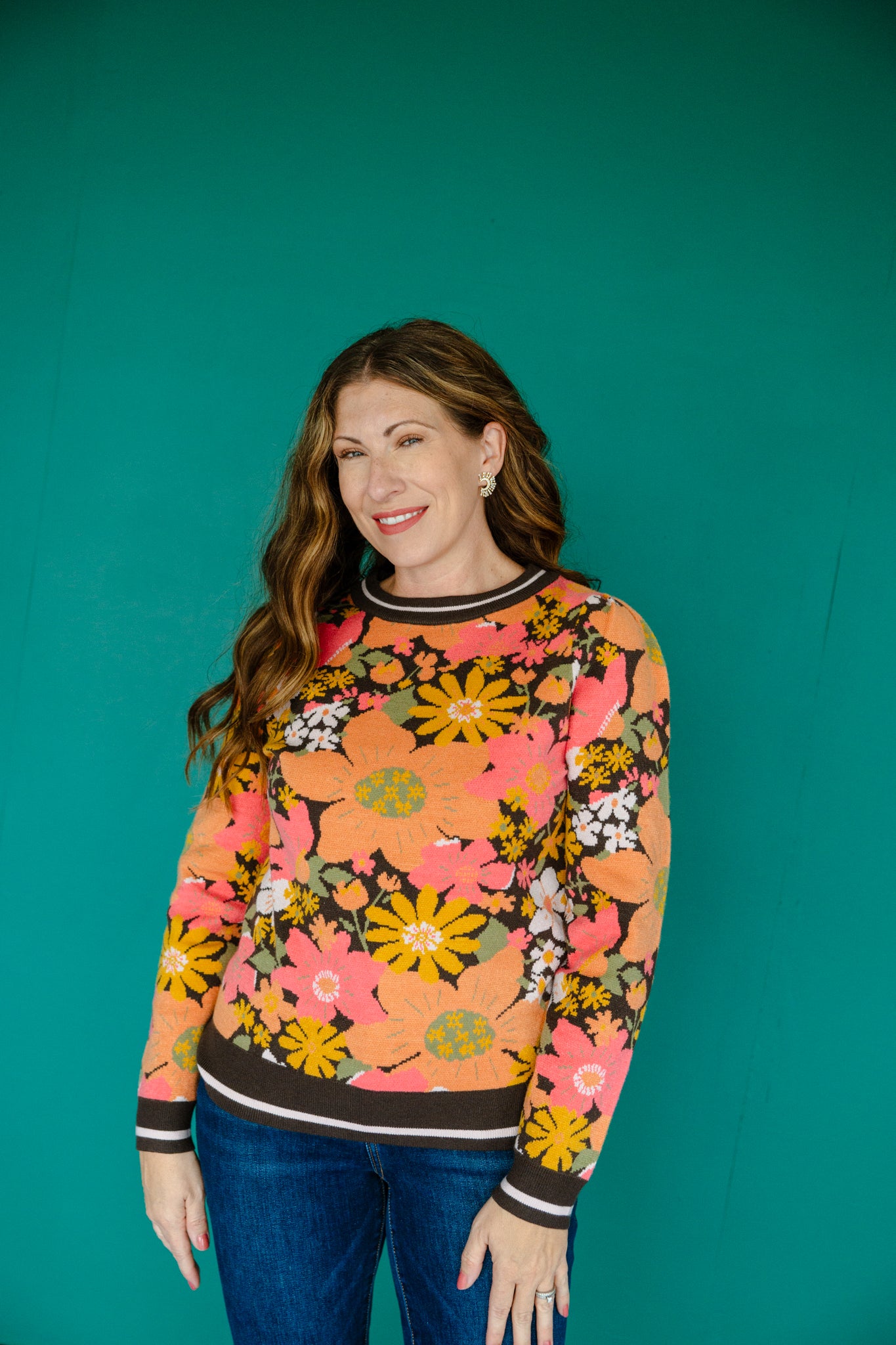 Carli Floral Sweater - Orange + Coral + Mustard