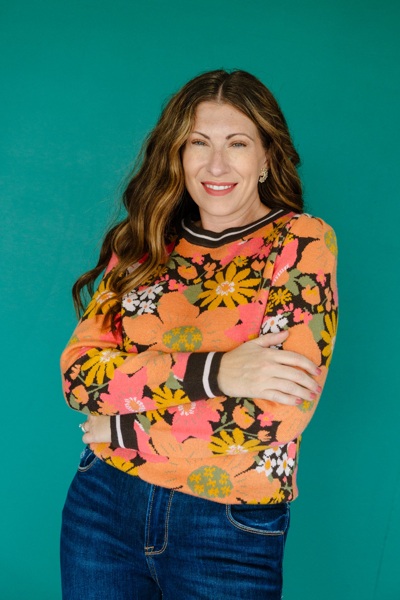 Carli Floral Sweater - Orange + Coral + Mustard