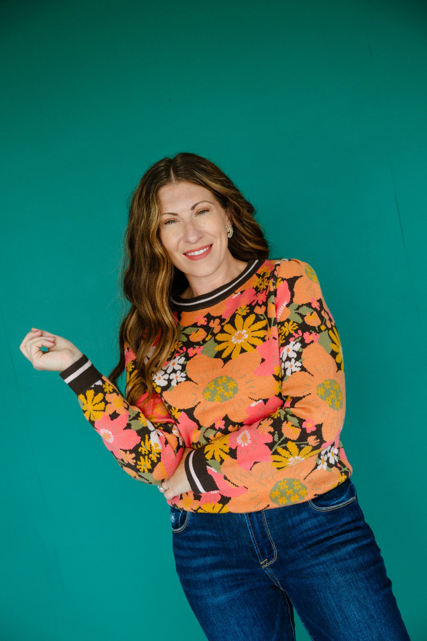 Carli Floral Sweater - Orange + Coral + Mustard