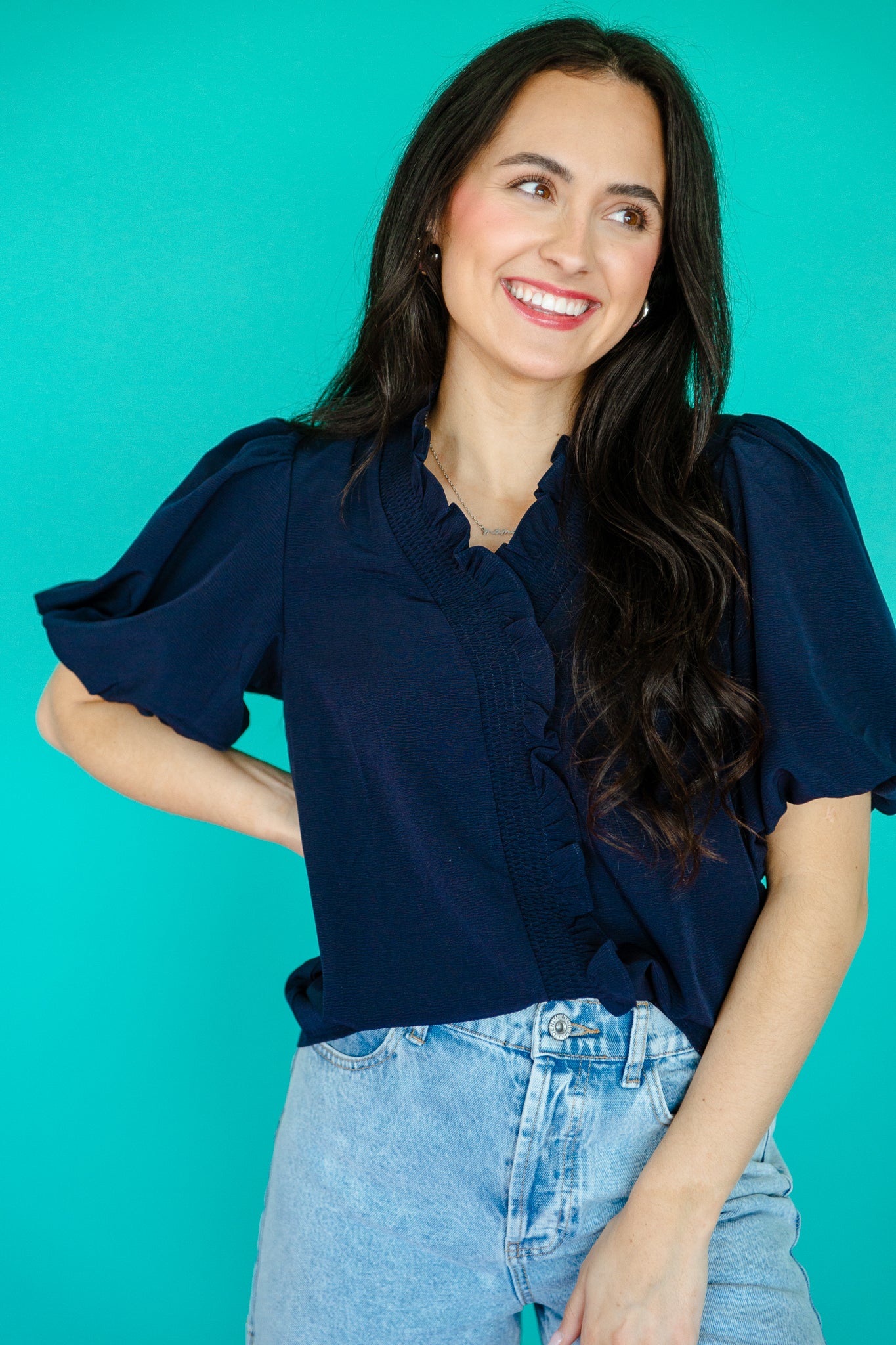 Marsha Bubble Sleeve Top - Navy