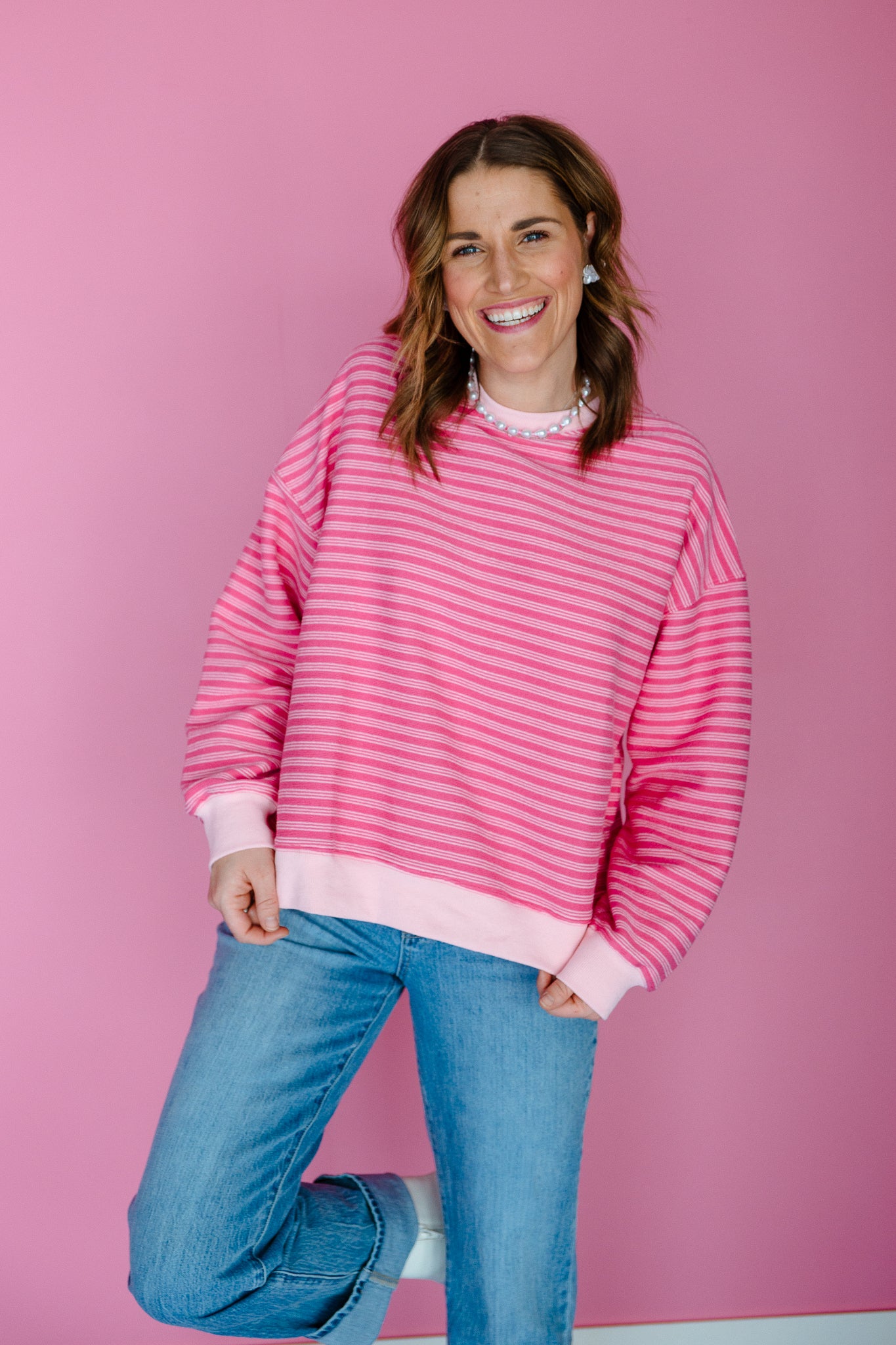Miranda Striped Sweatshirt - Rose + Pastel Pink