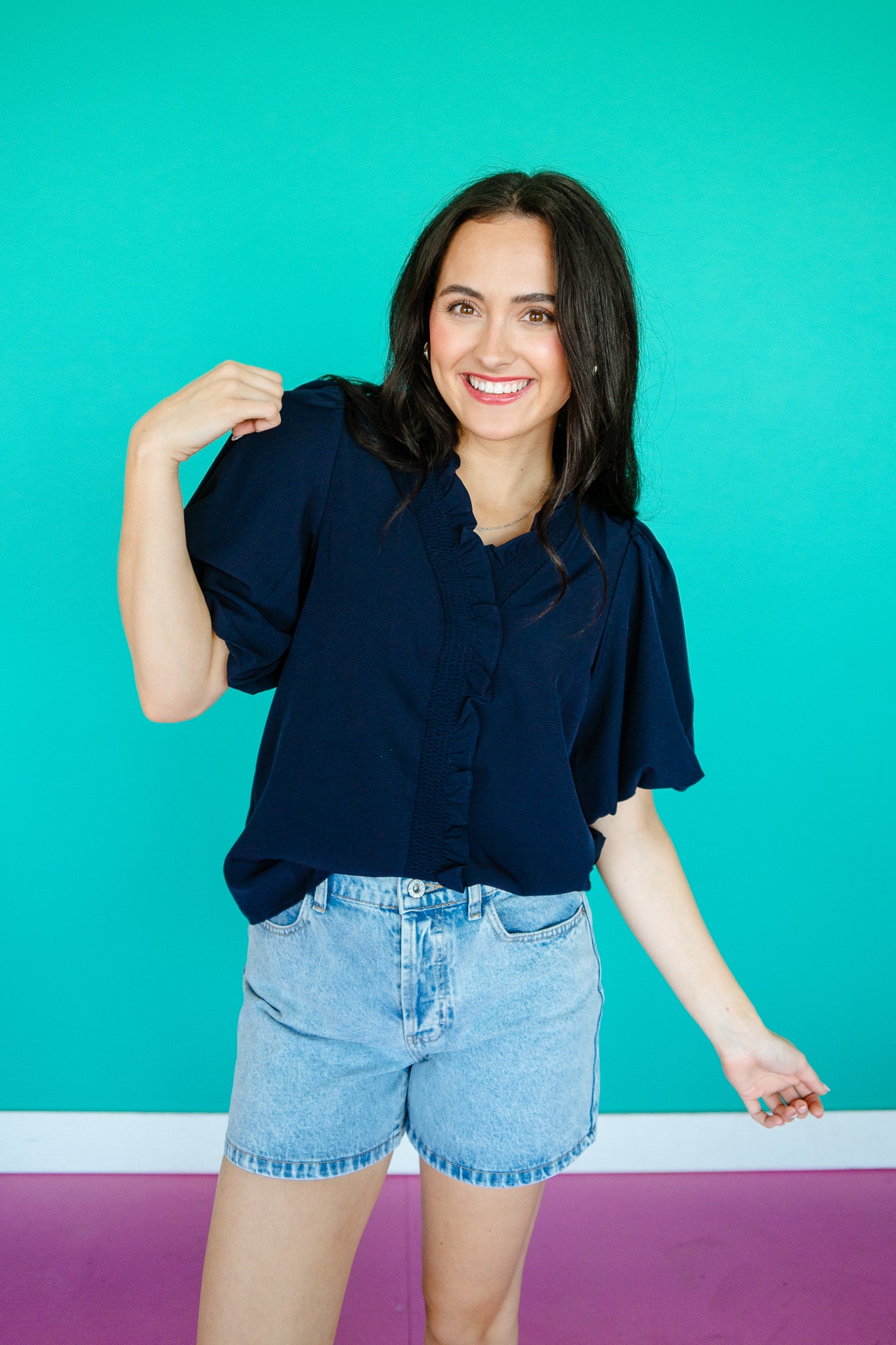 Marsha Bubble Sleeve Top - Navy