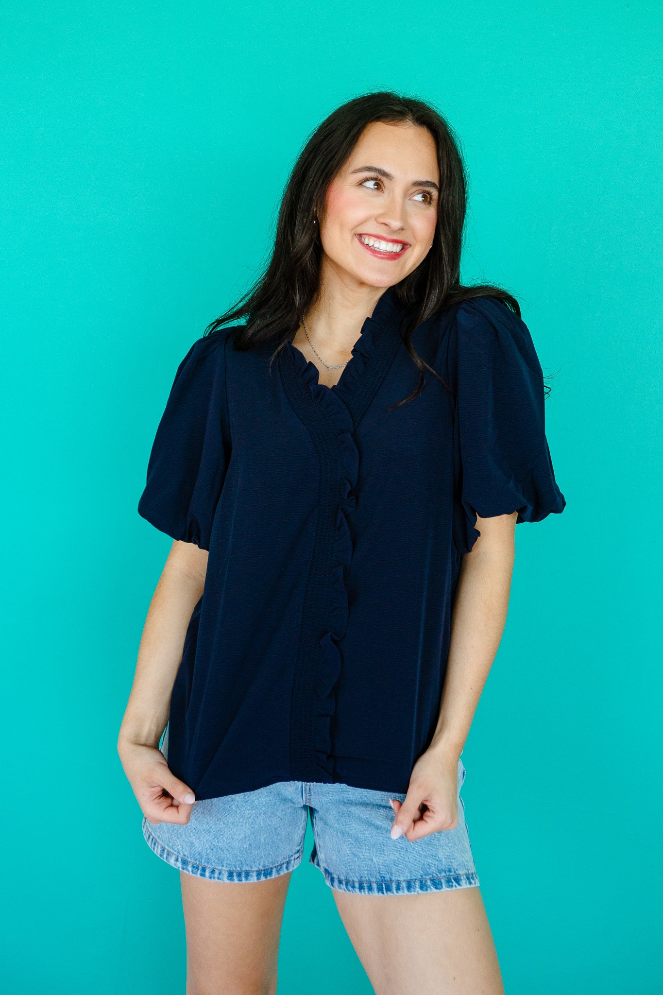 Marsha Bubble Sleeve Top - Navy